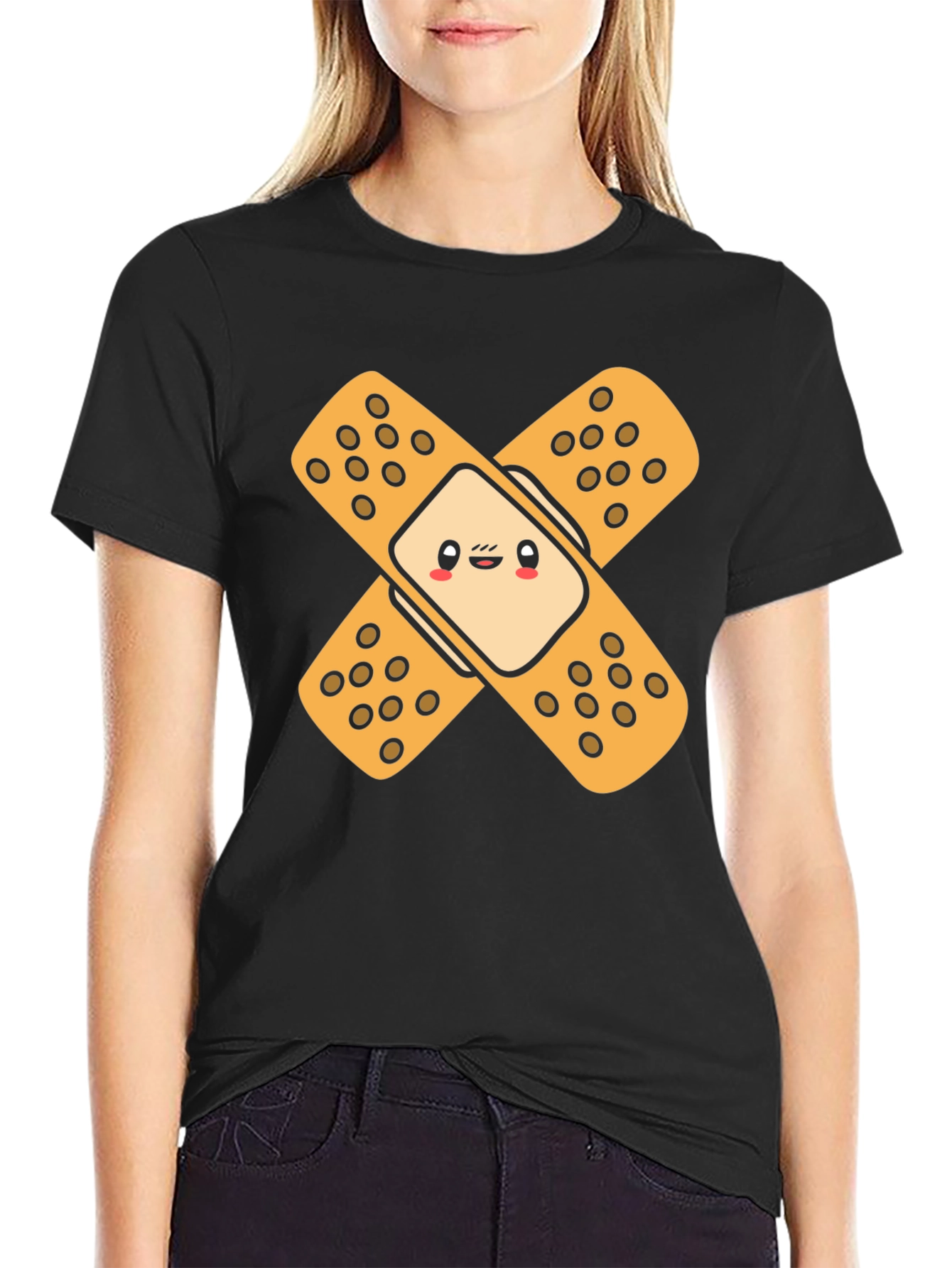Black Cute Band-Aid Graphic Black T-Shirt view 2