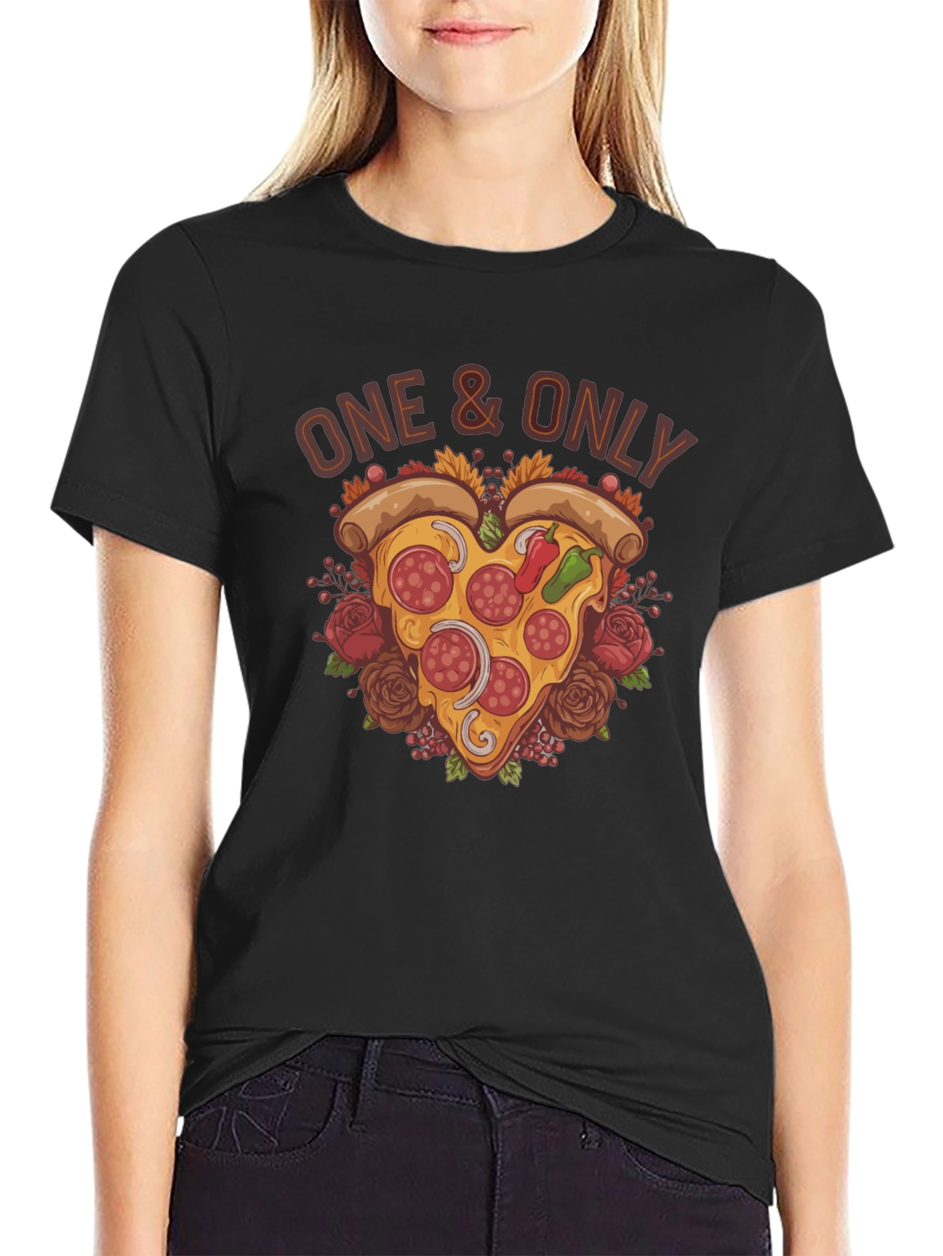 Black One & Only Pizza Heart Graphic T-Shirt view 2