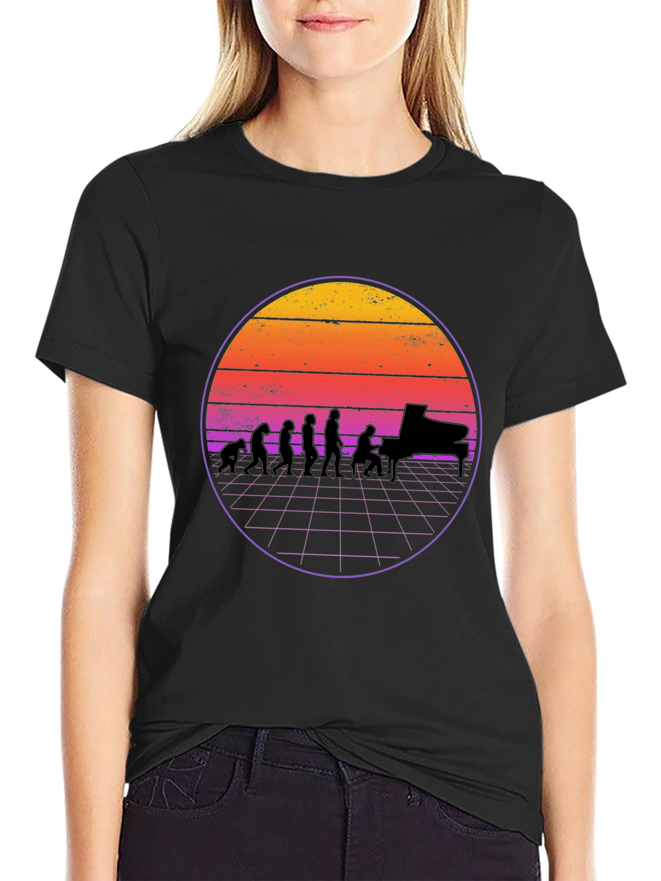 Black Piano Evolution T-Shirt - Retro Sunset Design view 2