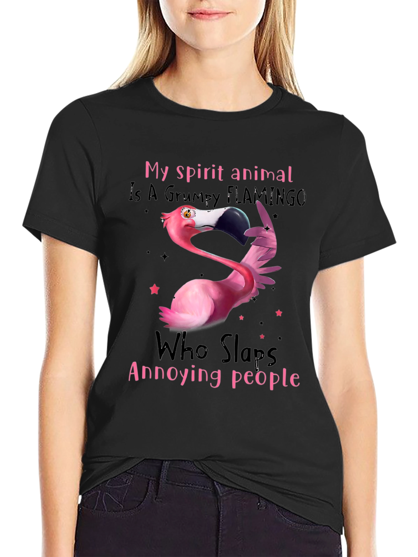 Black Grumpy Flamingo T-Shirt - Slaps Annoying People view 2