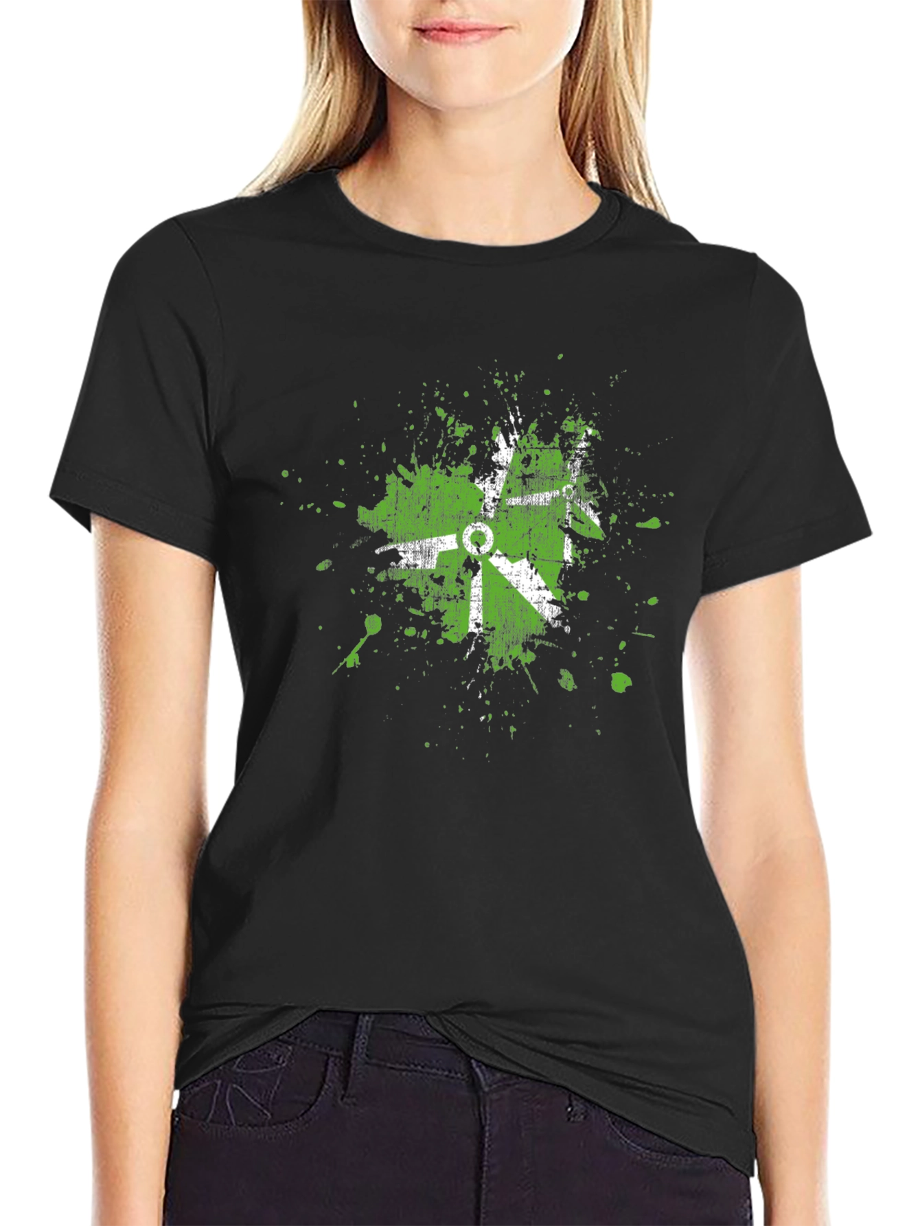 Black Grunge Green Graphic Print Crew Neck T-Shirt view 2
