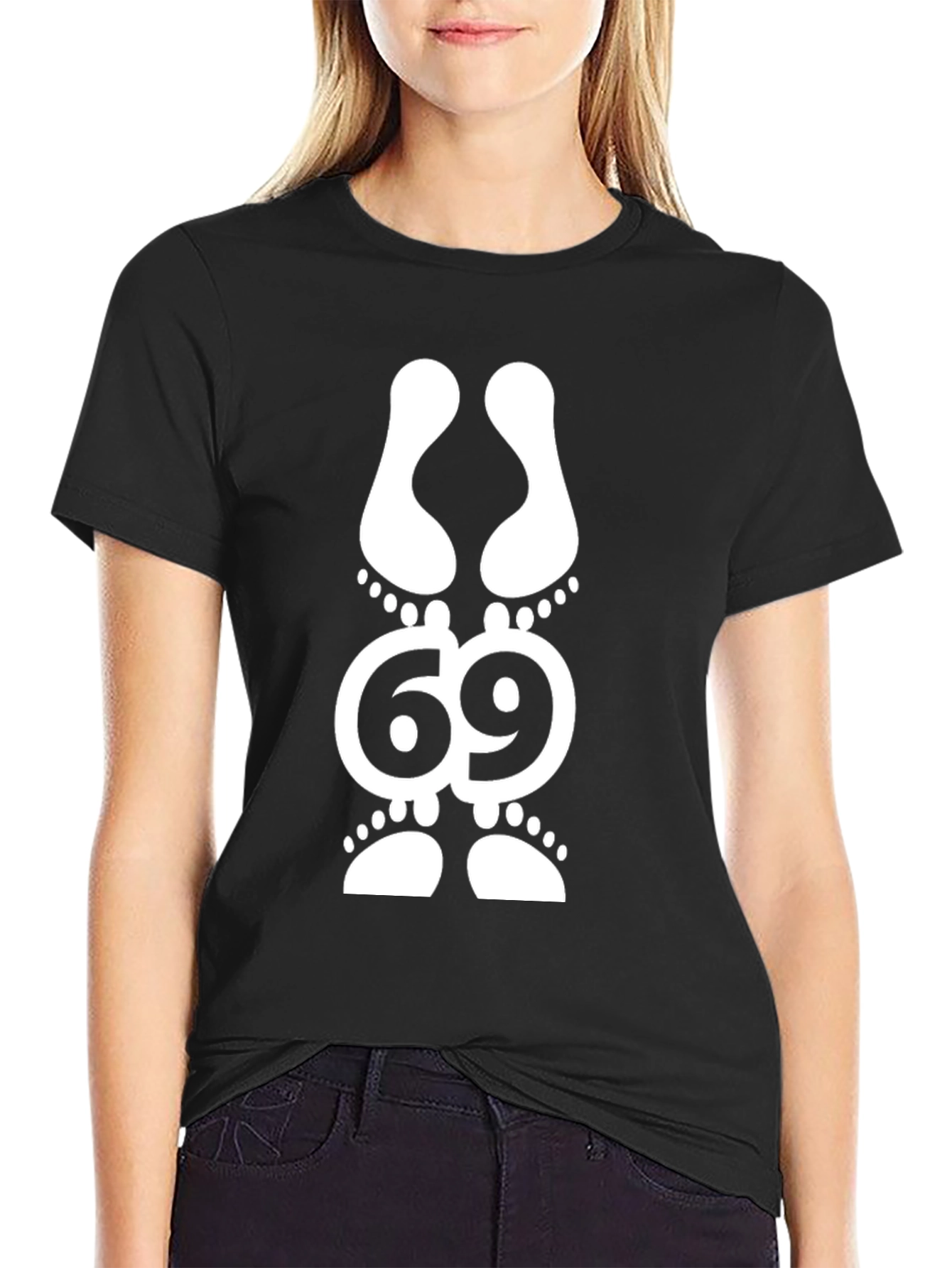 Black Funny 69 Footprint Graphic T-Shirt view 2