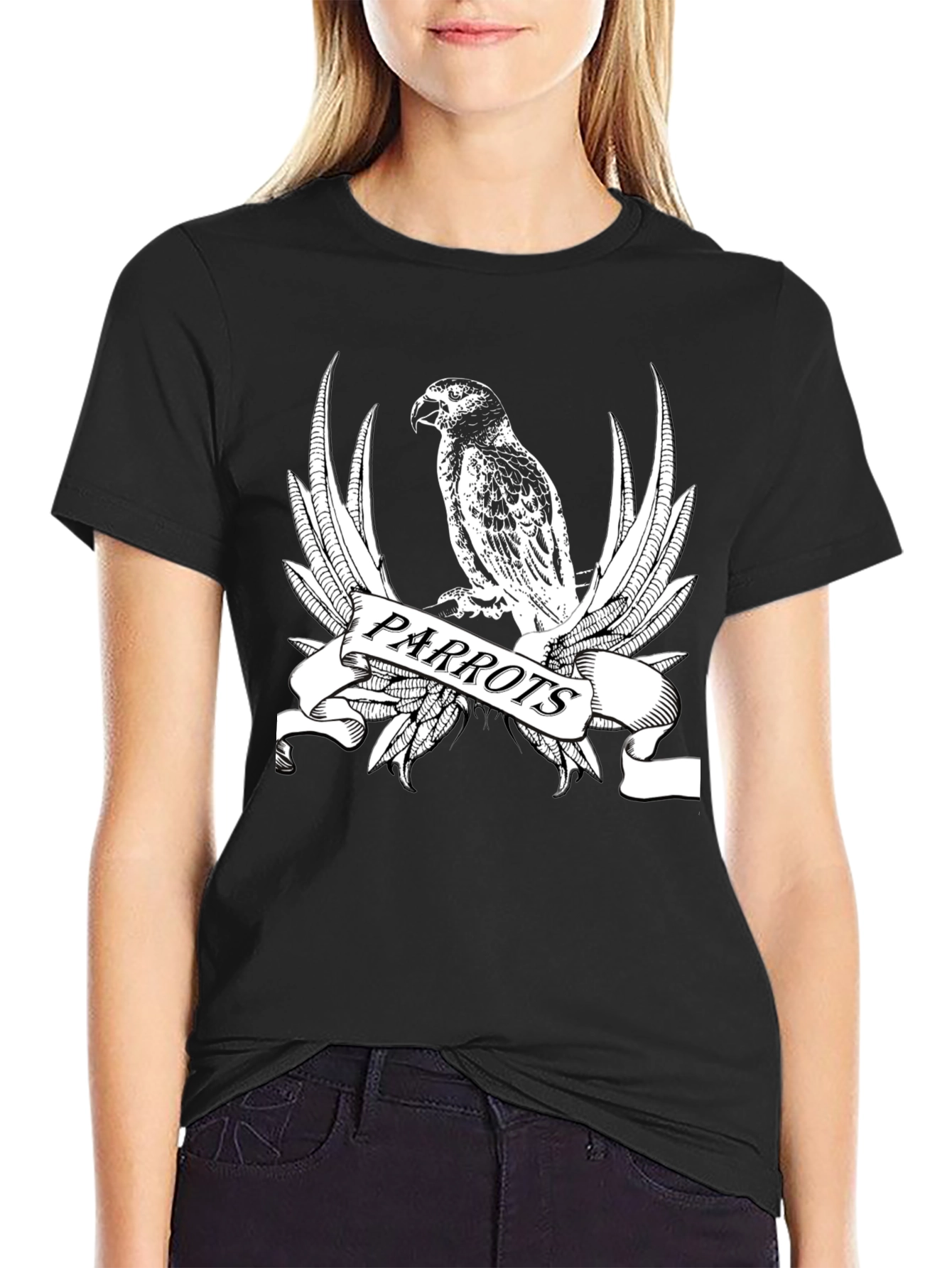 Black Parrot Graphic Print Crew Neck T-Shirt view 2