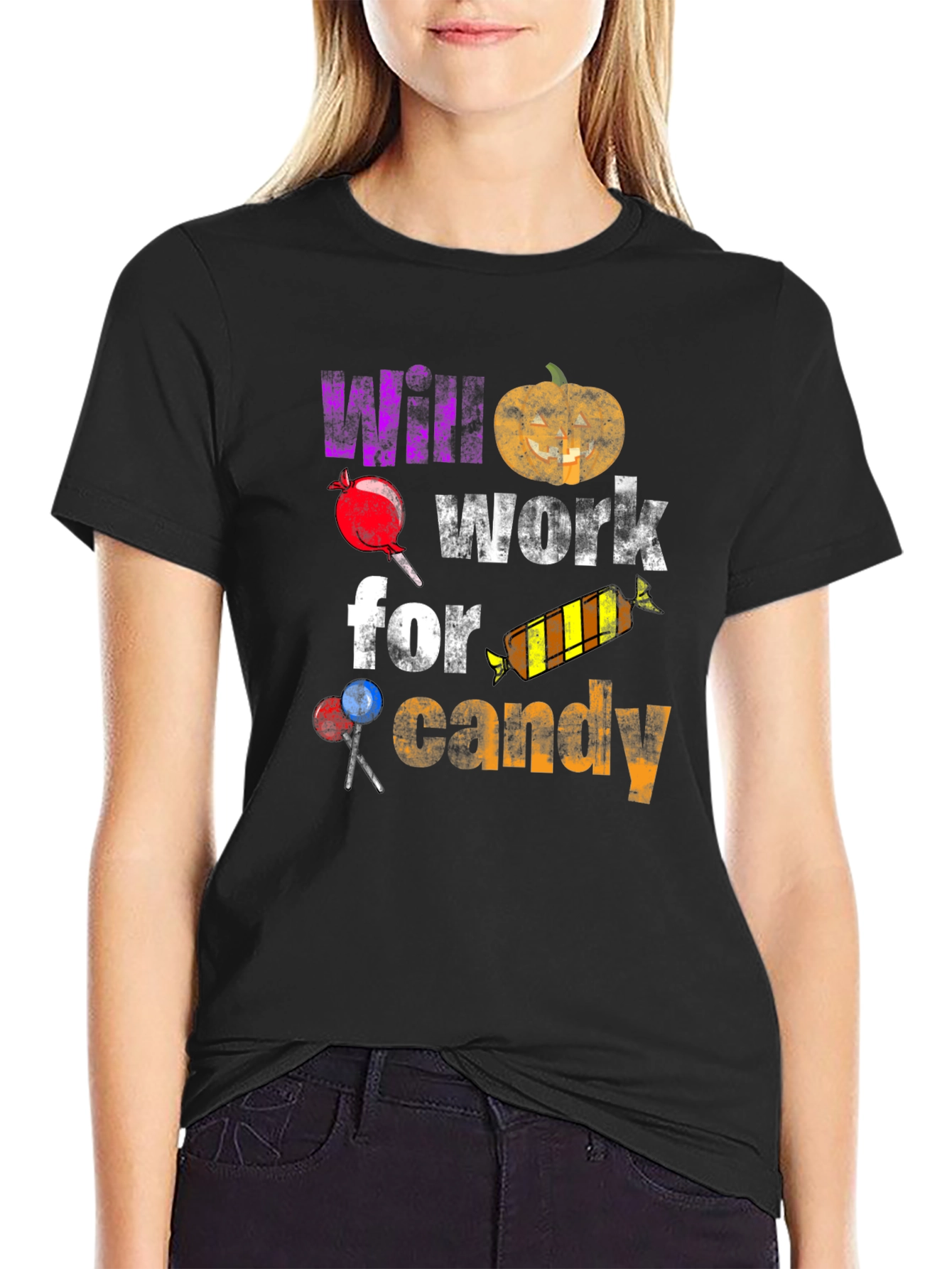 Black Halloween T-Shirt - Will Work For Candy view 2