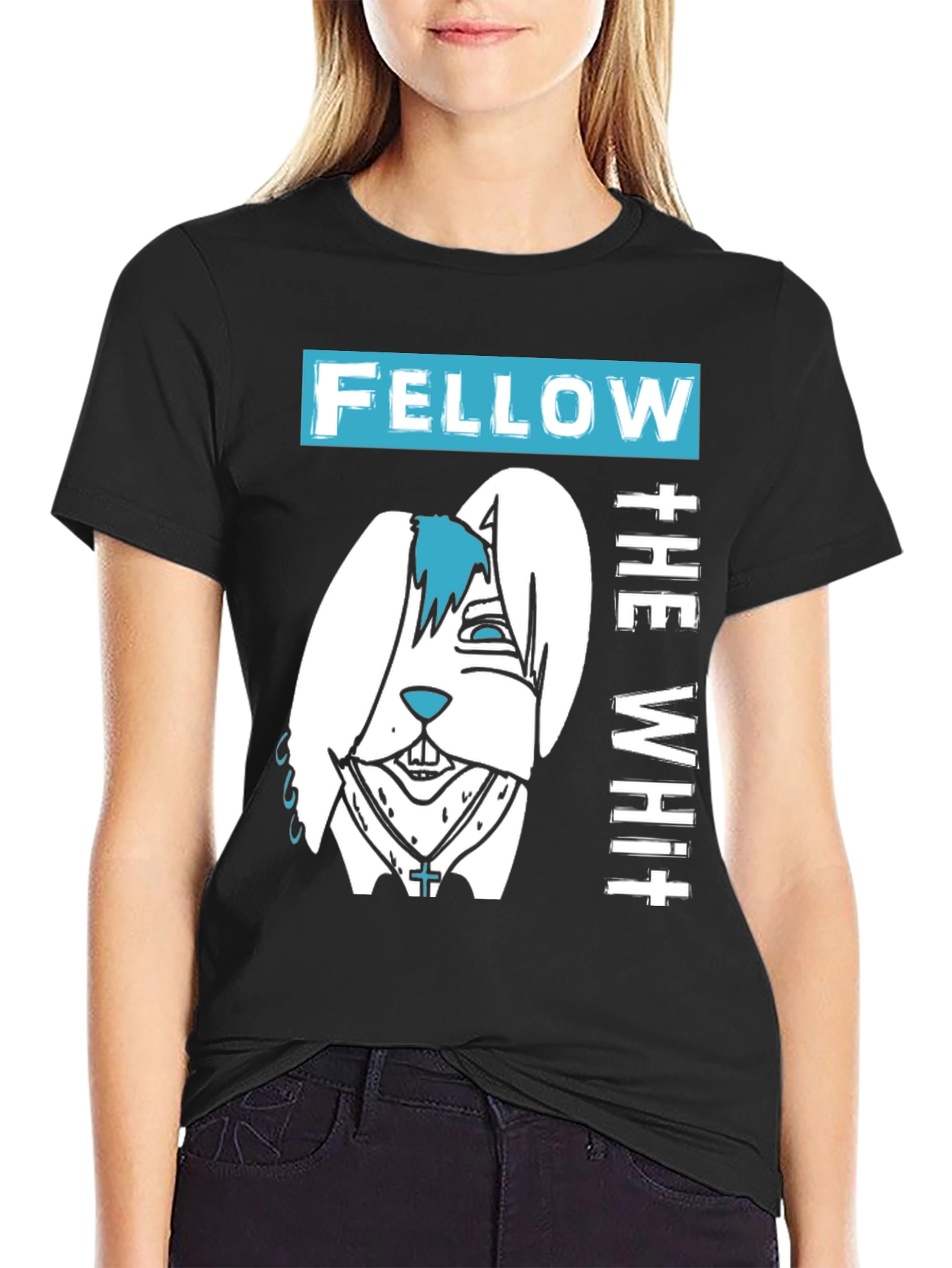 Black Fellow The White T-Shirt with Cartoon Bunny Design view 2