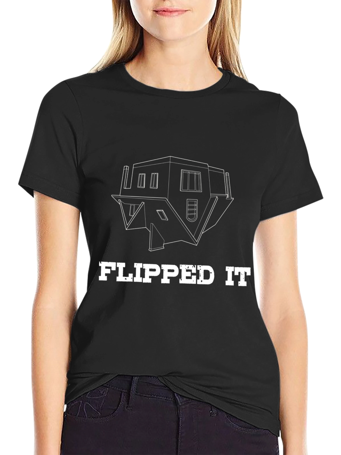 Black Flipped It Graphic Tee - Unique Upside Down House Design view 2