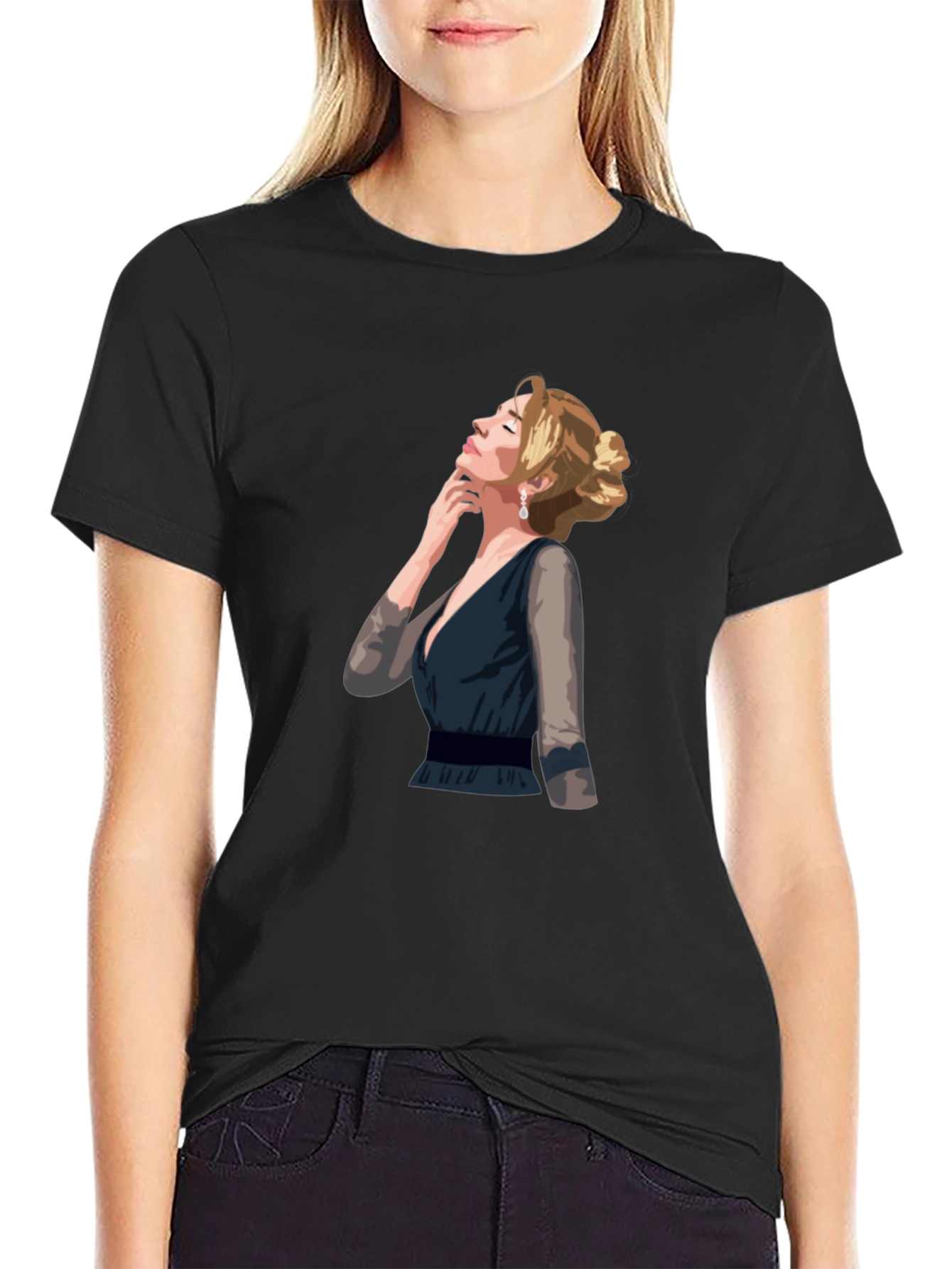Black Elegant Woman Graphic T-Shirt - Stylish Crew Neck Tee view 2