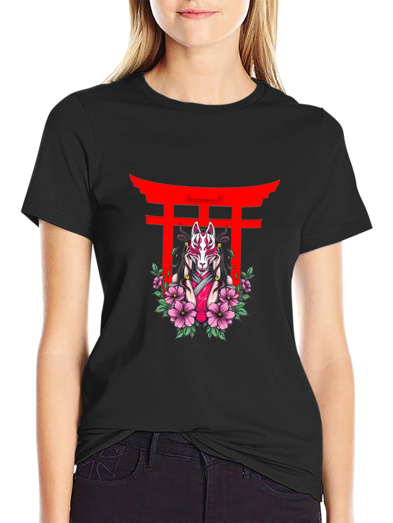 Black Black T-Shirt with Japanese Fox Mask Design view 2