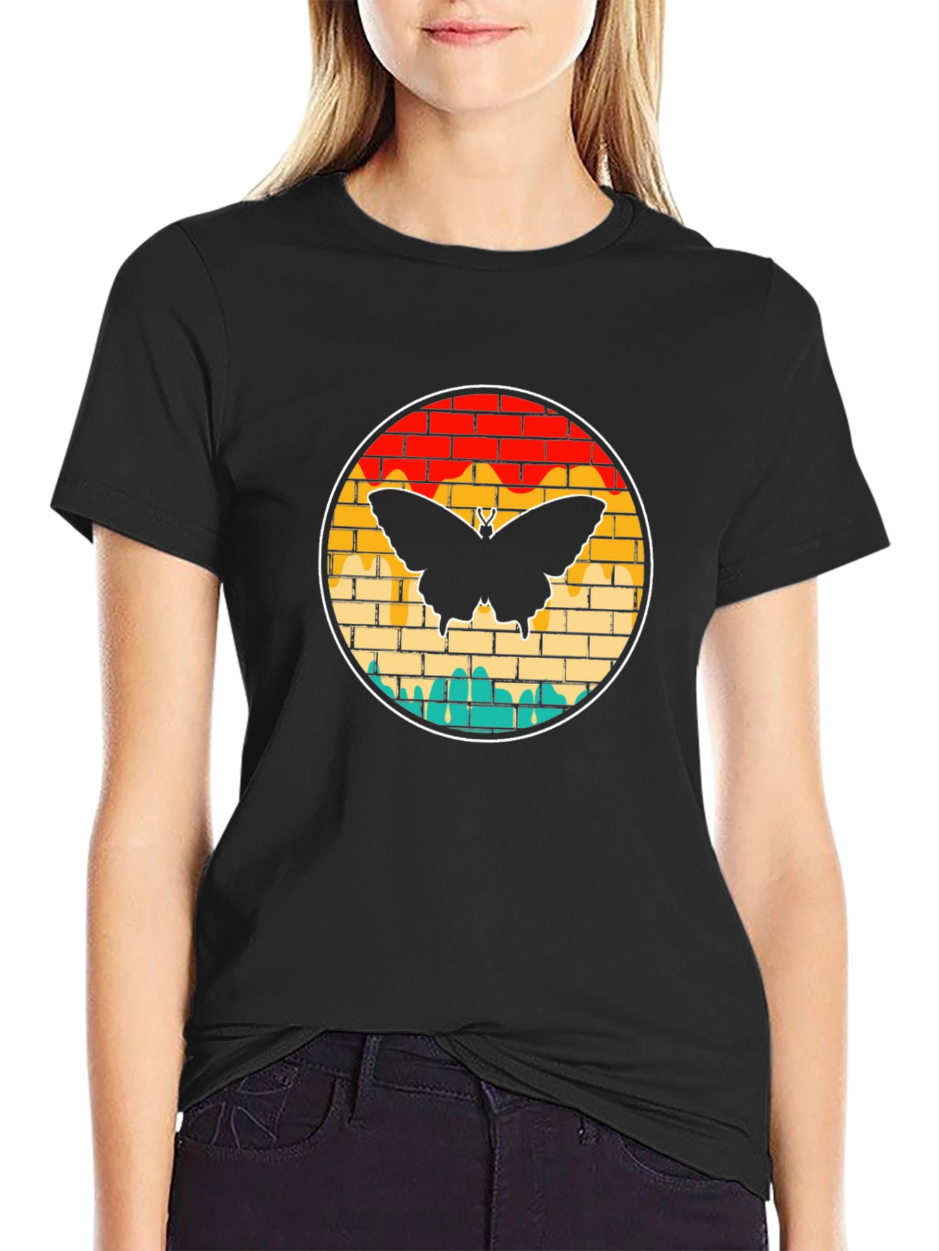 Black Butterfly Brick Wall Graphic Tee - Vintage Style view 2
