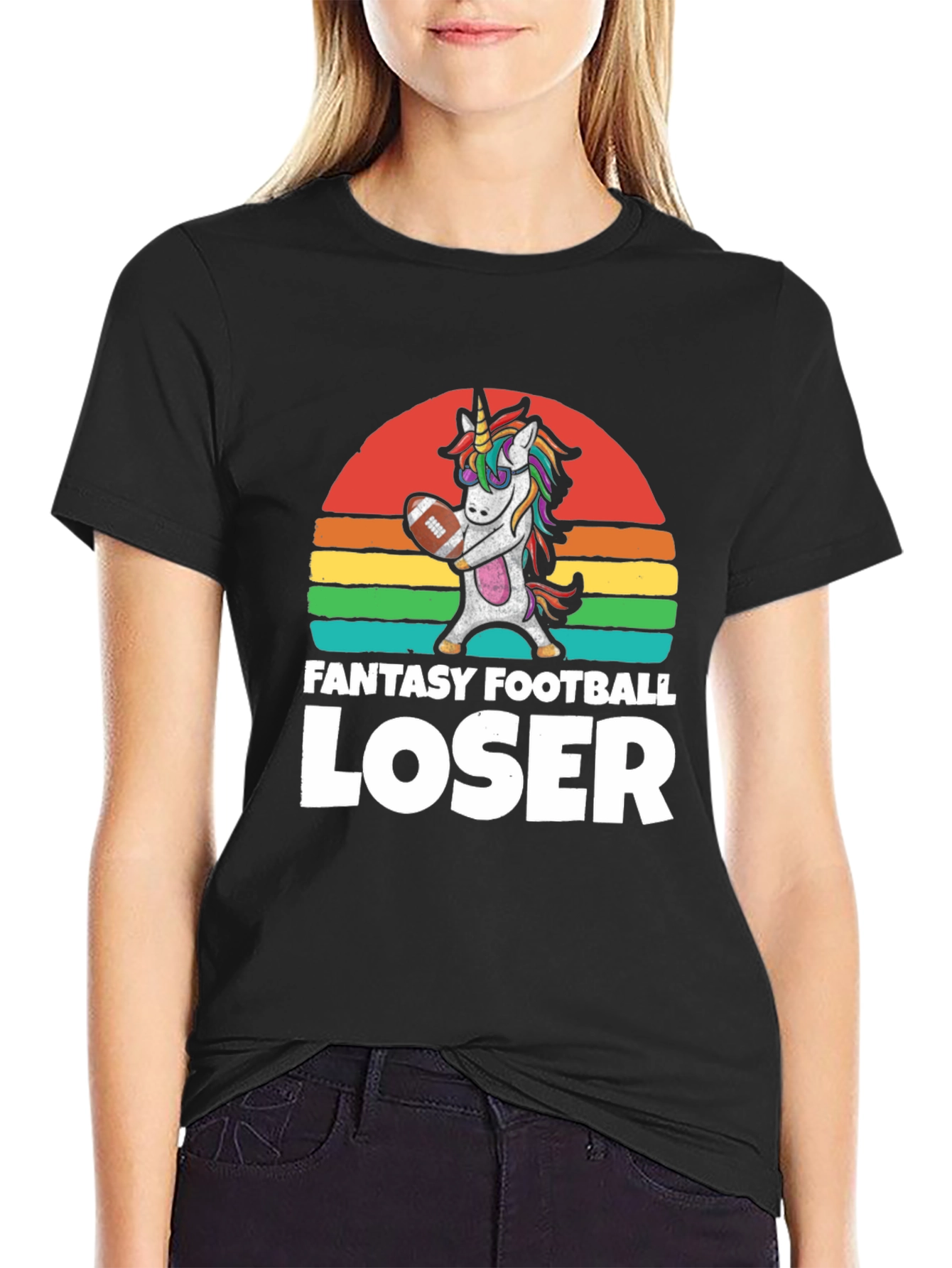 Black Fantasy Football Loser Unicorn T-Shirt view 2