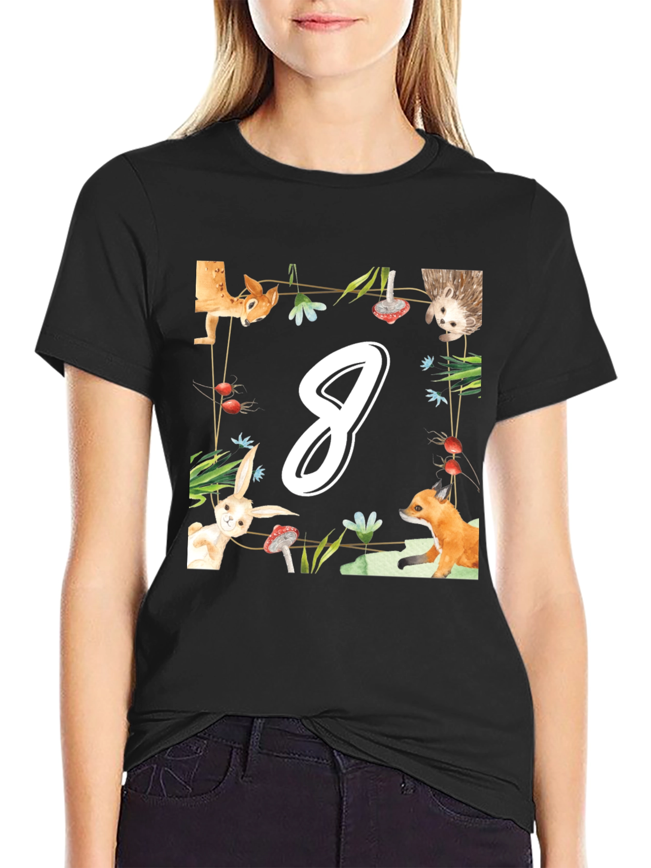 Black Cute Animal Number 8 Birthday T-Shirt view 2