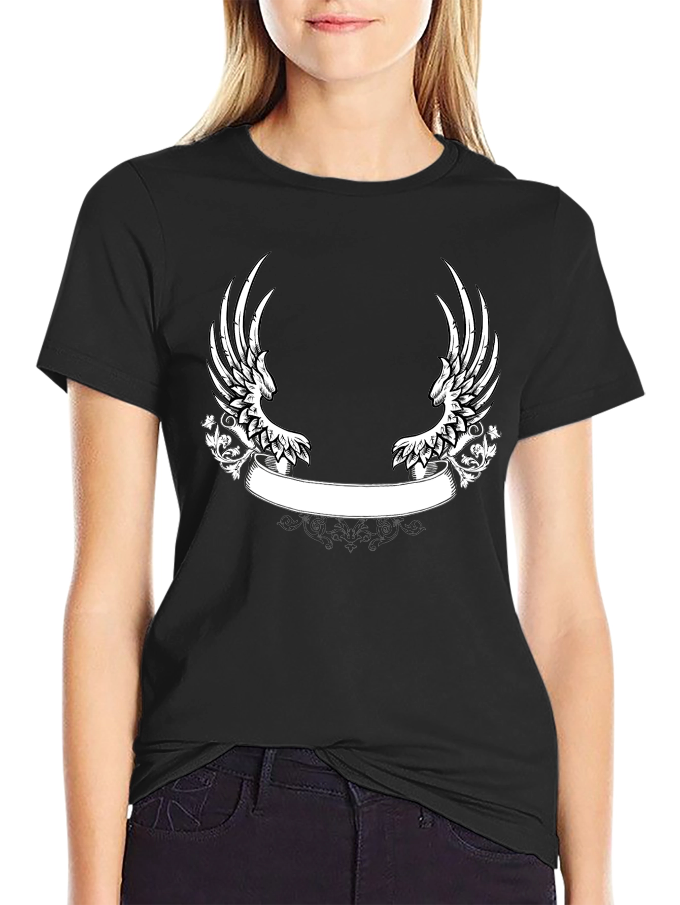 Black Black T-Shirt with Wing and Banner Design view 2