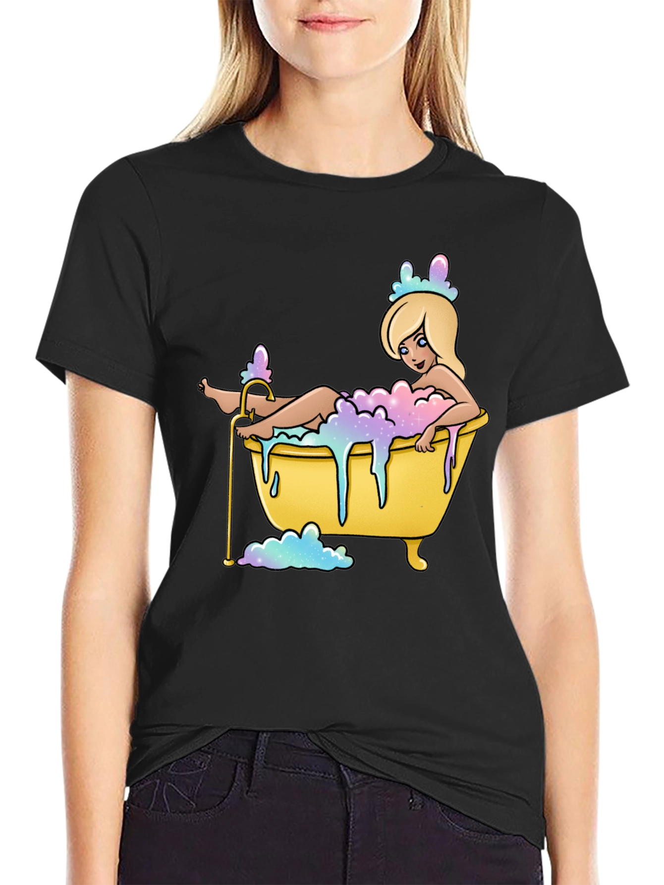 Black Cartoon Girl Bathtub T-Shirt - Black Cotton Tee view 2