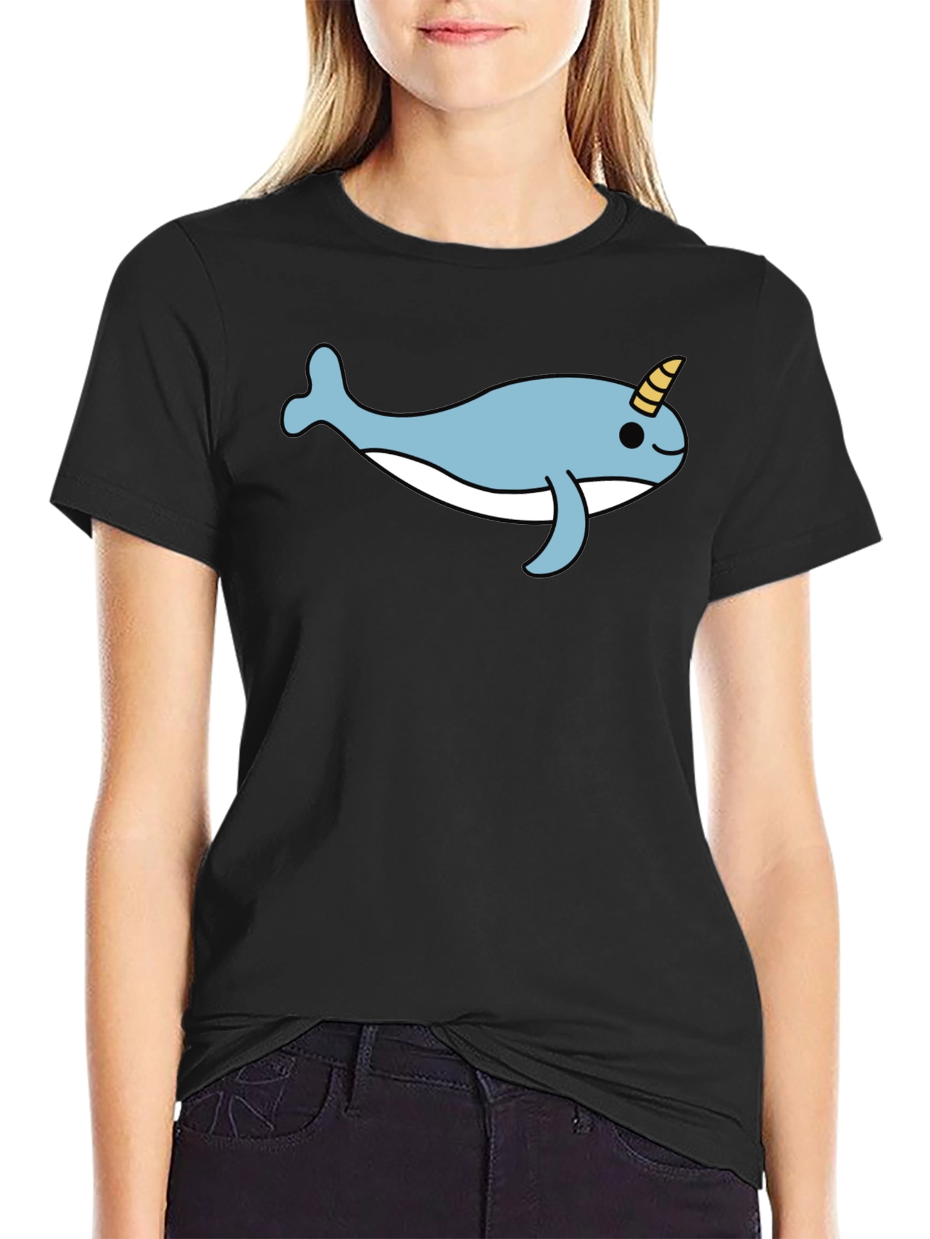 Black Cute Narwhal T-Shirt - Black Cotton Blend Tee view 2
