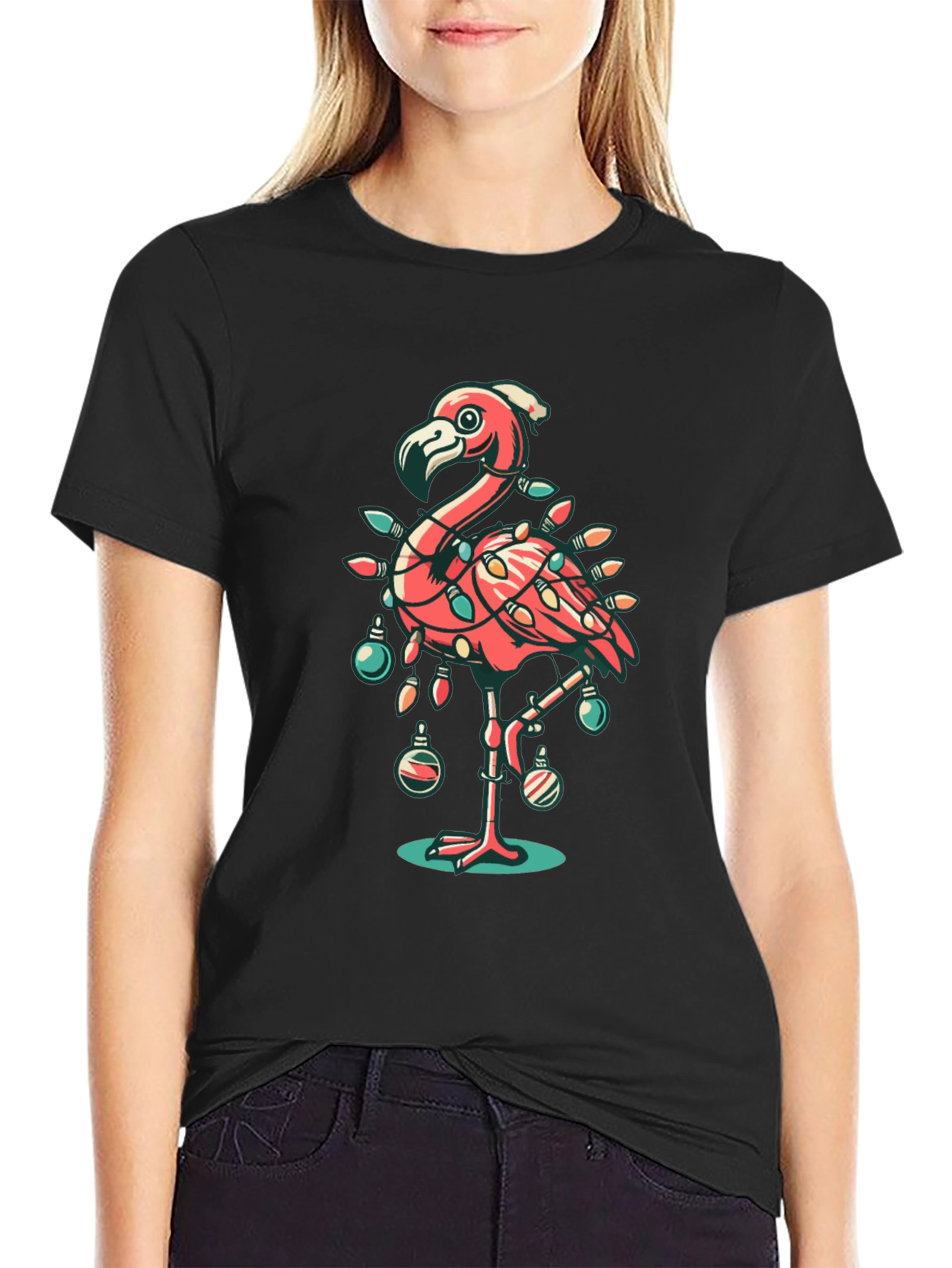 Black Festive Flamingo Christmas T-Shirt view 2