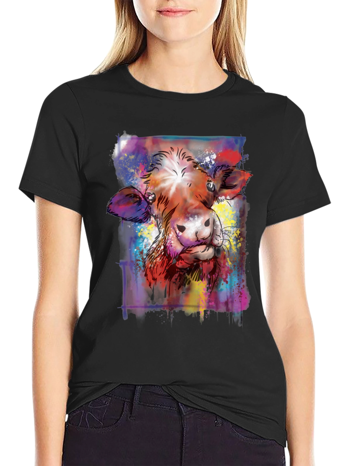 Black Colorful Cow Art Graphic Print Black T-Shirt view 2