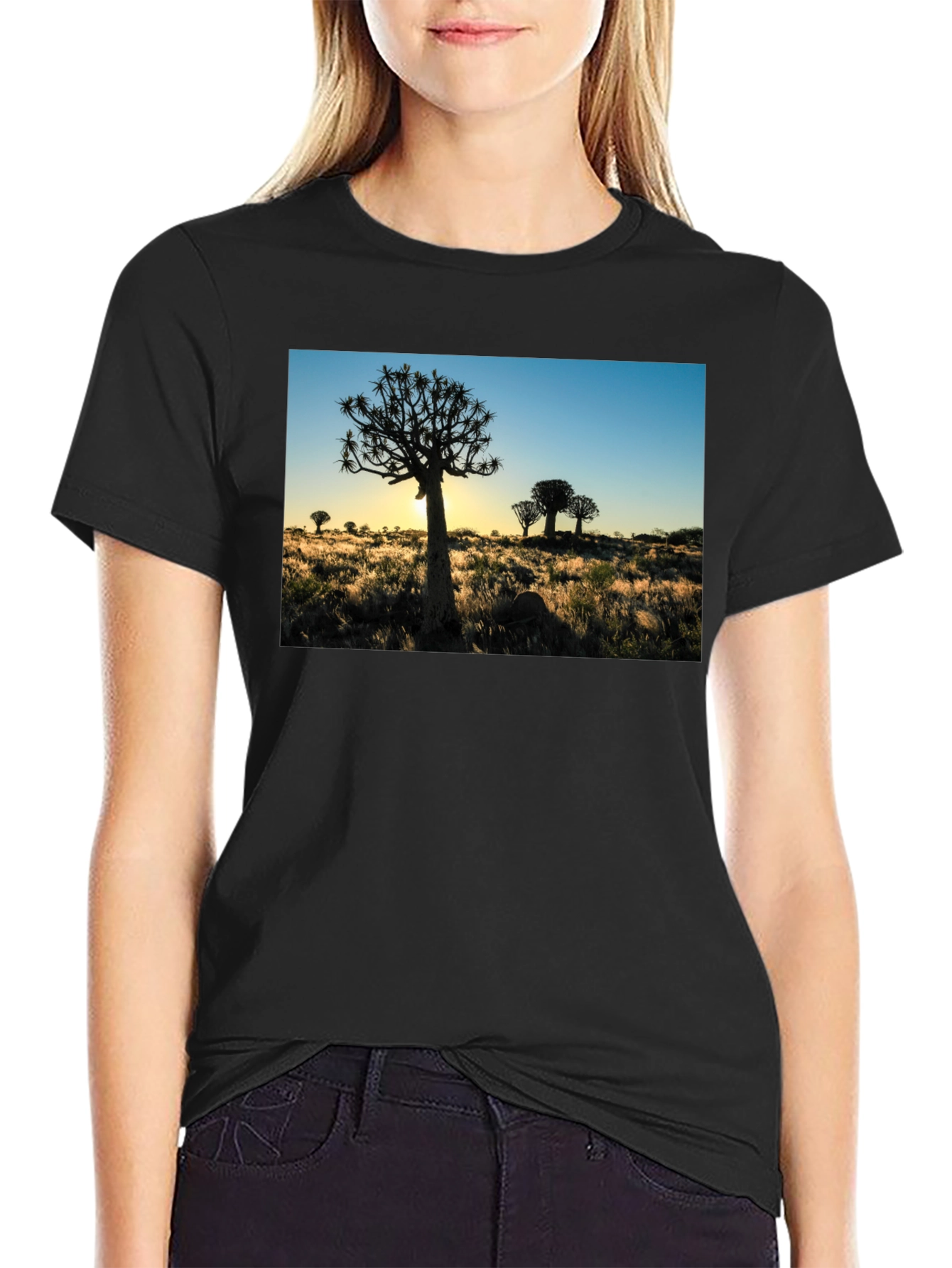 Black Silhouetted Tree Graphic Tee - Black Cotton Blend view 2