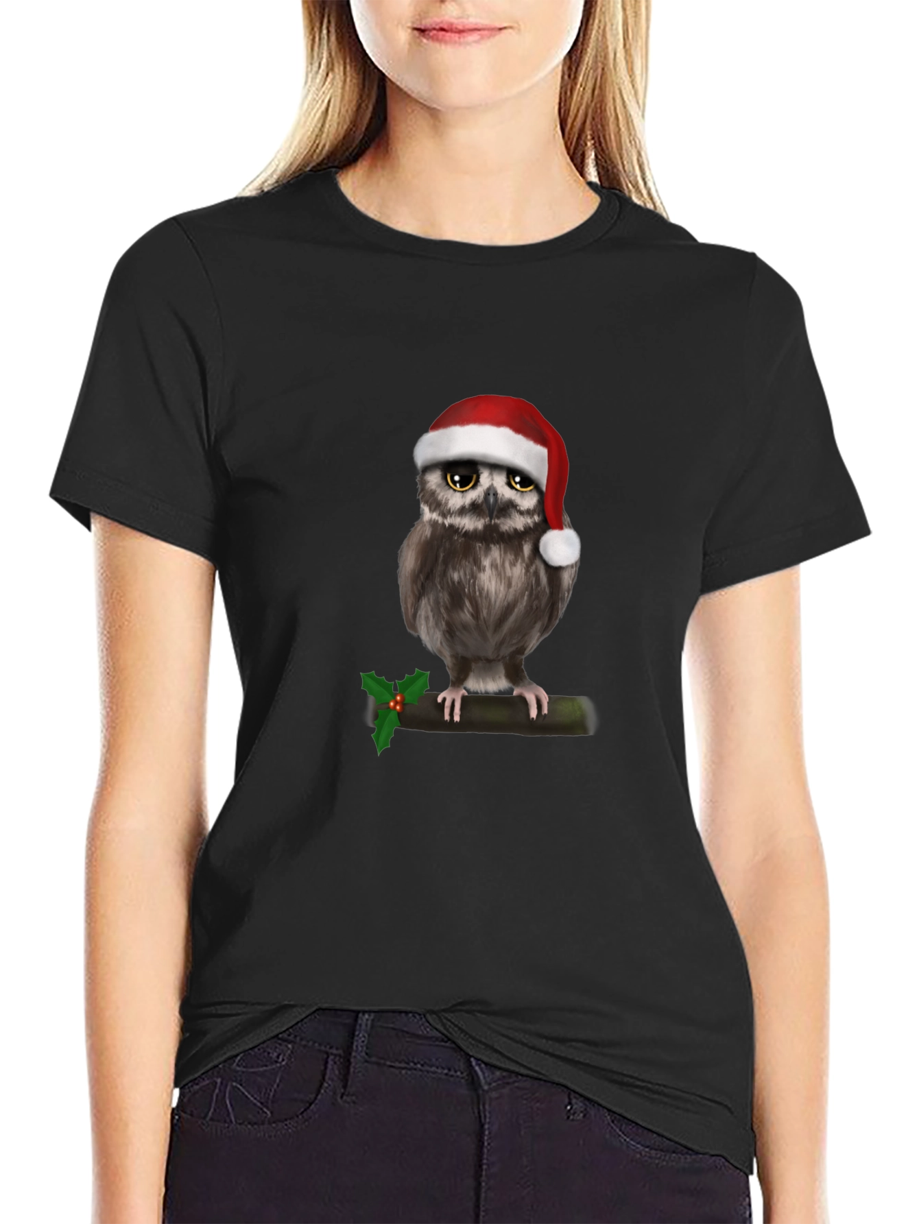 Black Festive Owl Christmas T-Shirt view 2