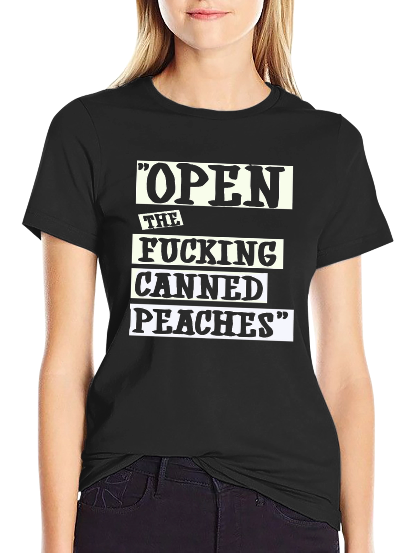 Black Open The F***ing Canned Peaches Novelty T-Shirt view 2