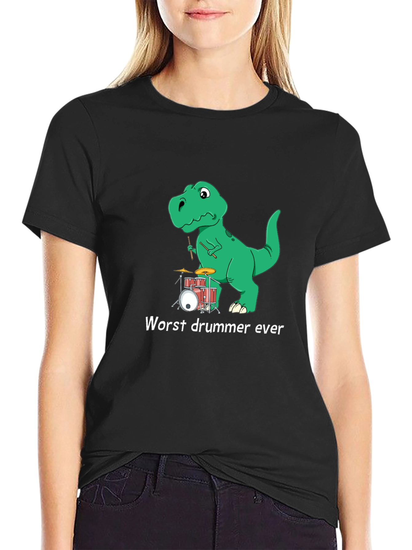 Black Dinosaur Drummer T-Shirt - "Worst Drummer Ever" Graphic Tee view 2