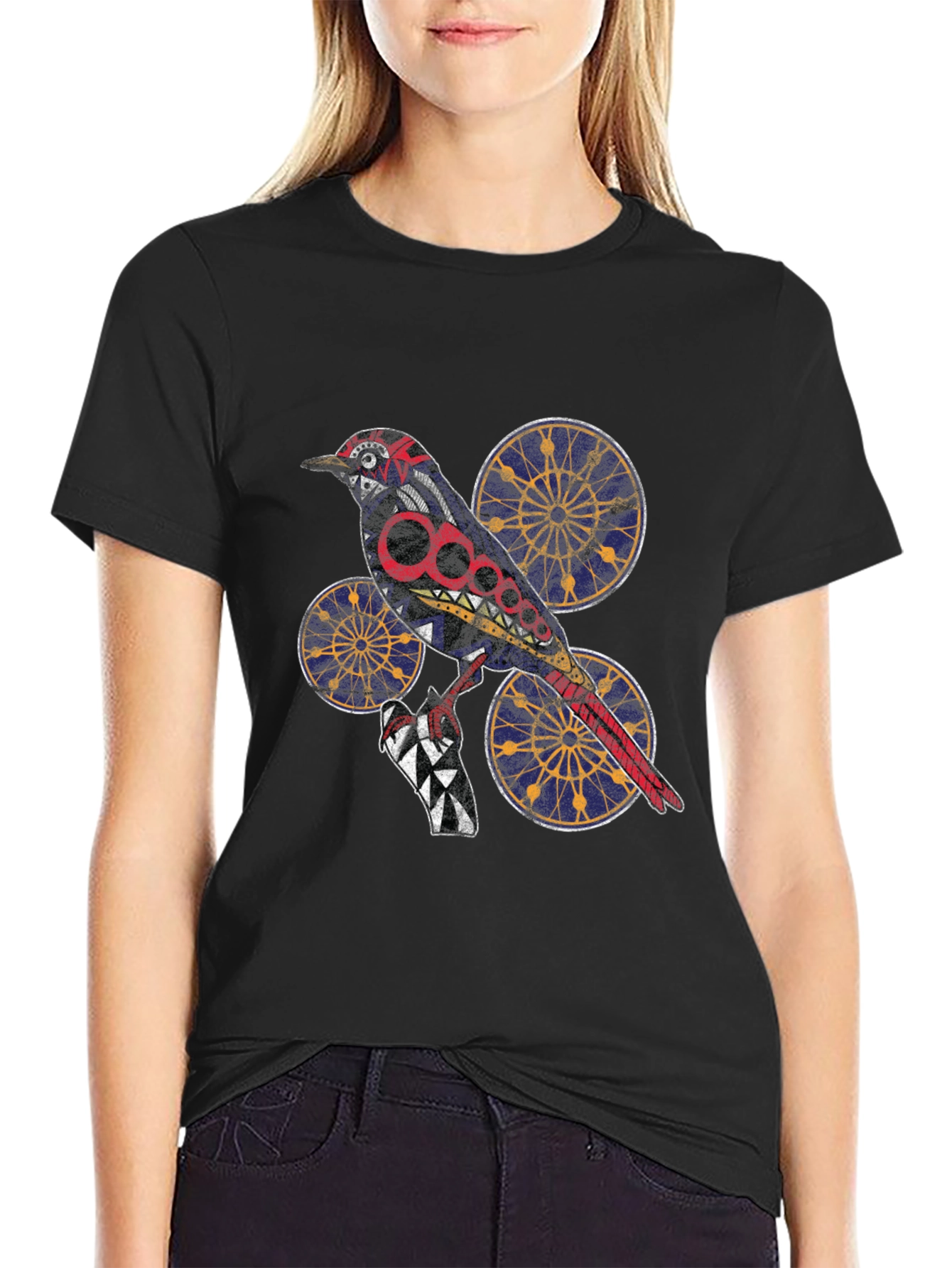 Black Graphic Bird Print T-Shirt - Unique Artistic Design view 2
