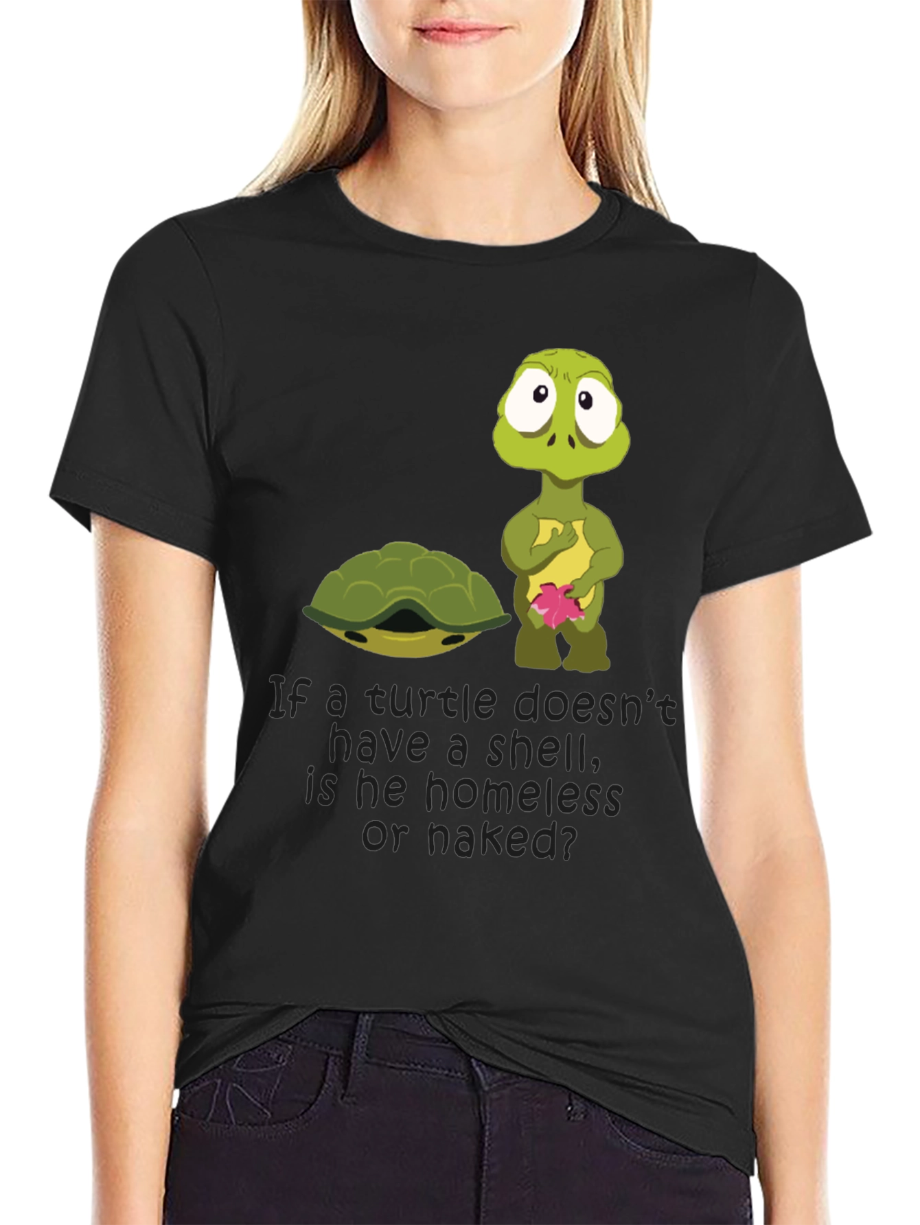 Black Funny Turtle Shell Homeless Naked T-Shirt view 2