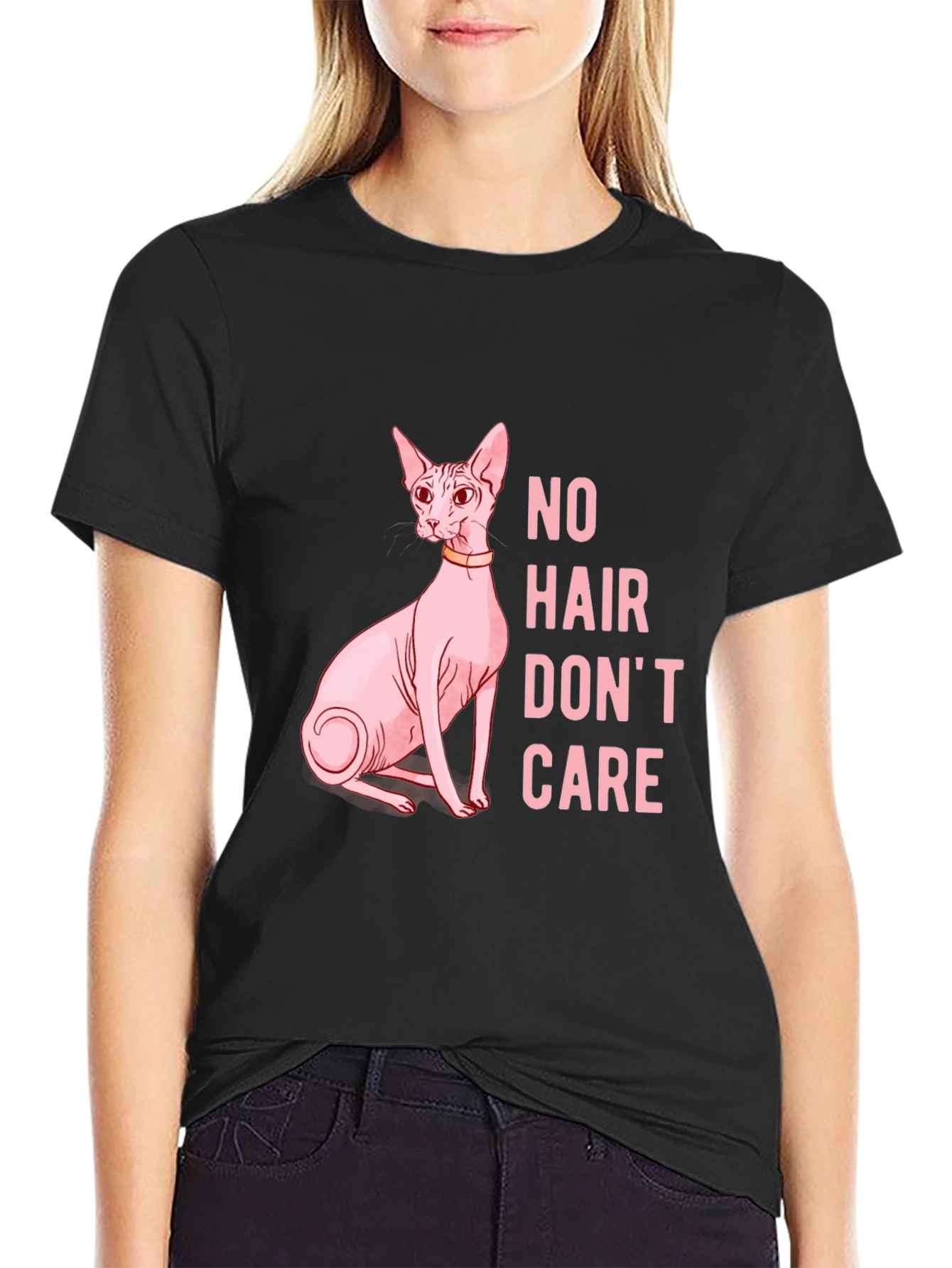 Black Hairless Cat Lover T-Shirt - Funny No Hair Don't Care Tee view 2