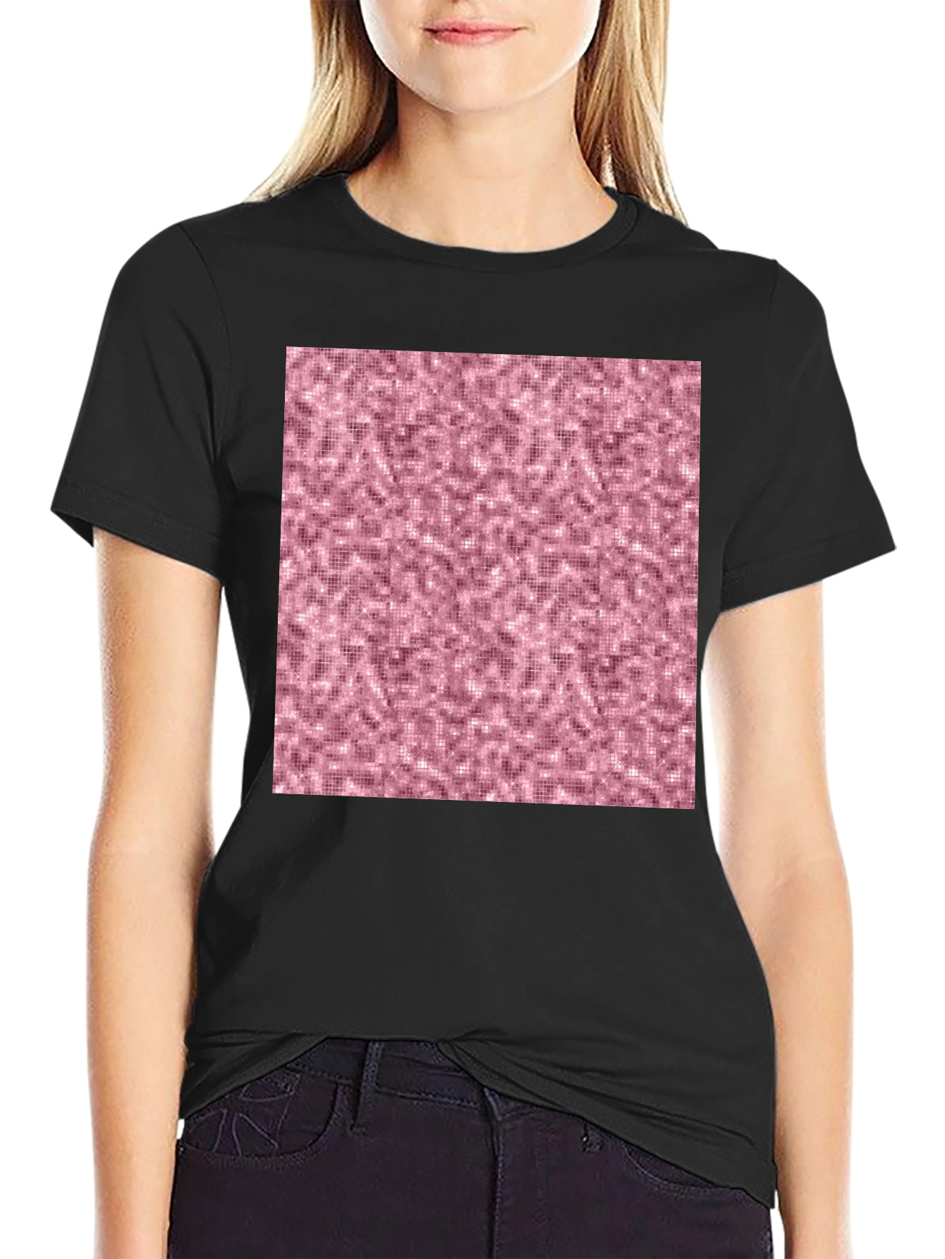 Black Stylish Black T-Shirt with Abstract Pink Pattern view 2