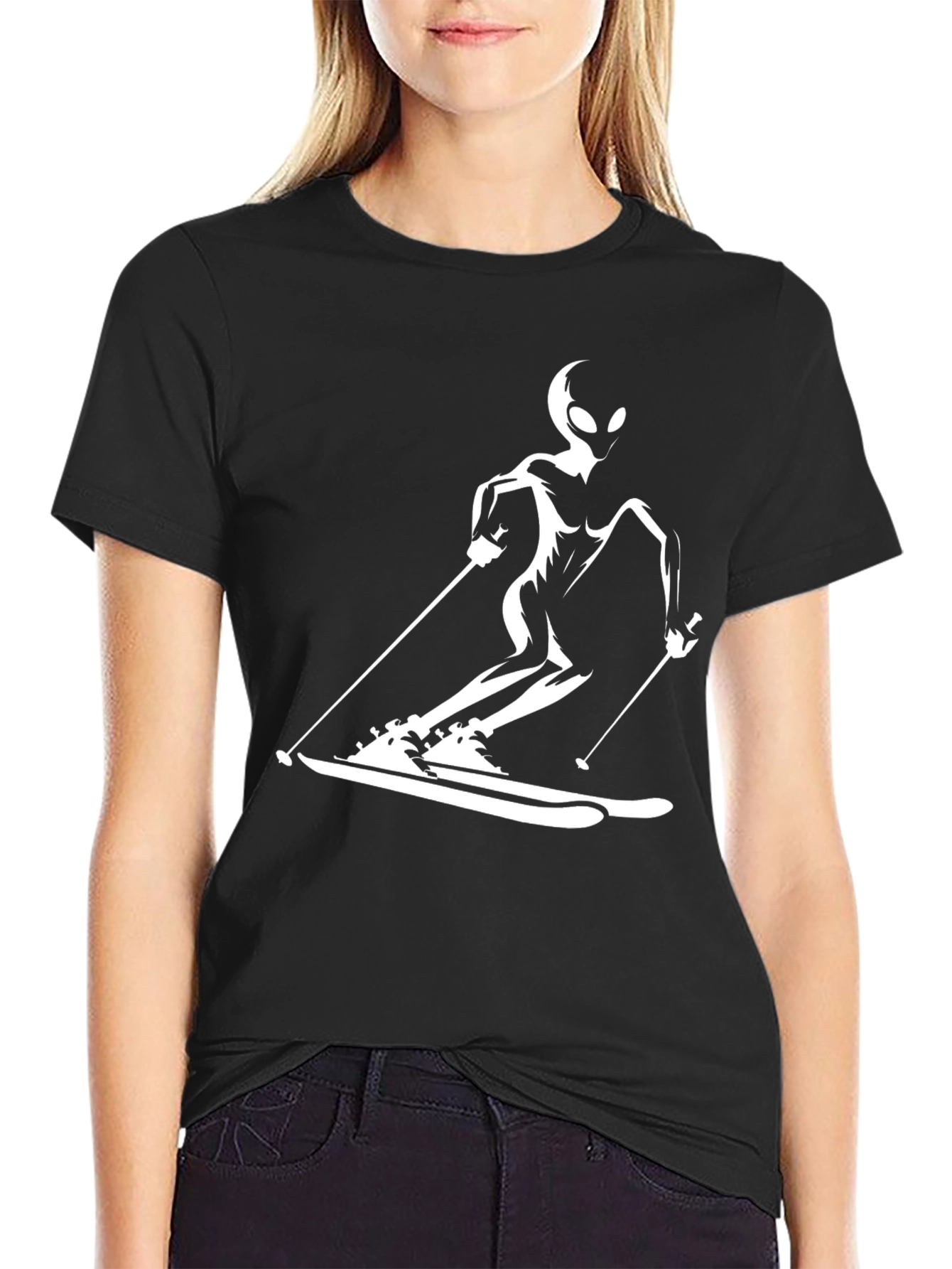 Black Skiing Alien Graphic Tee - Black Cotton Casual T-Shirt view 2
