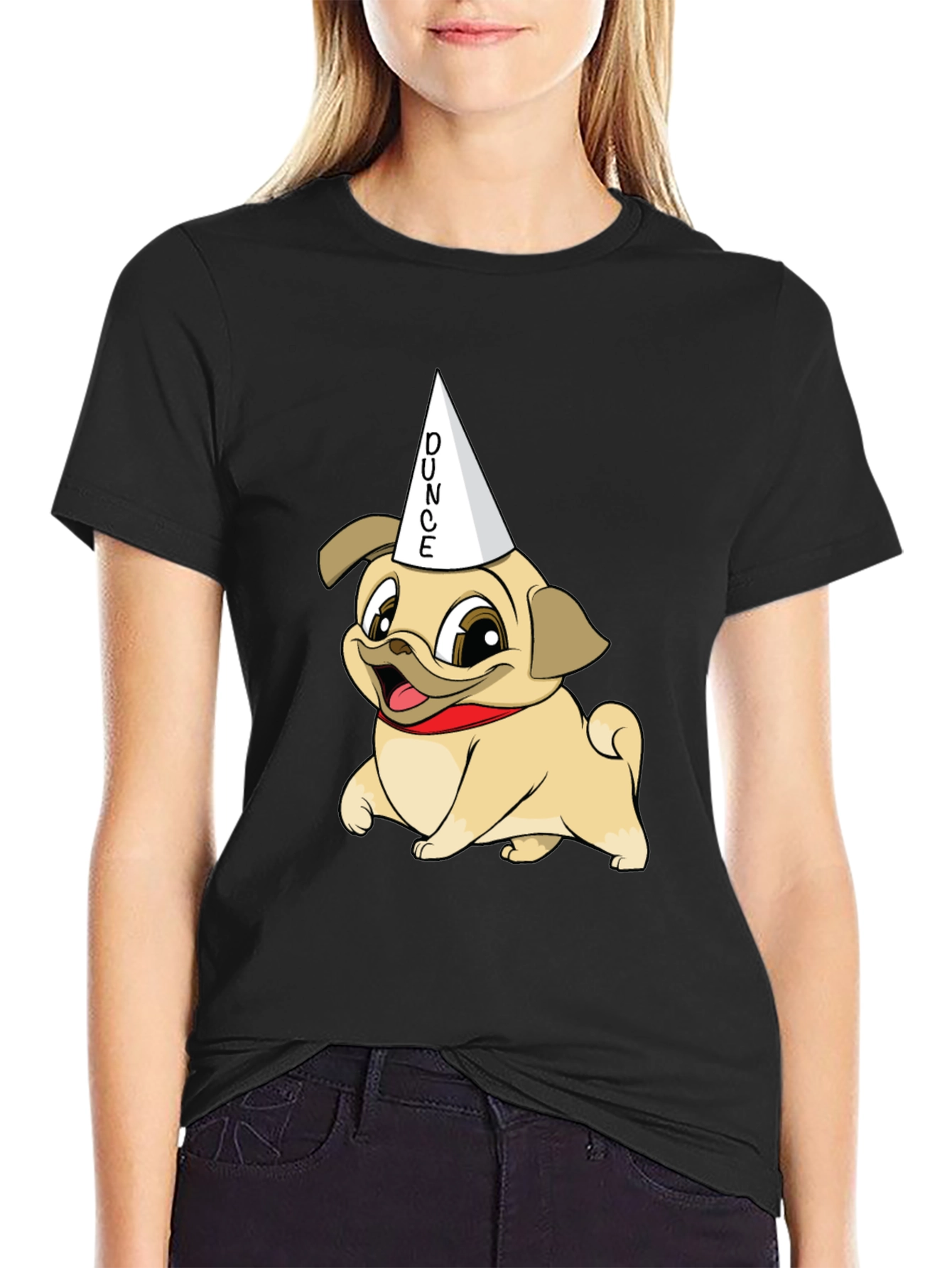 Black Dunce Pug Graphic Tee - Funny Dog Shirt view 2