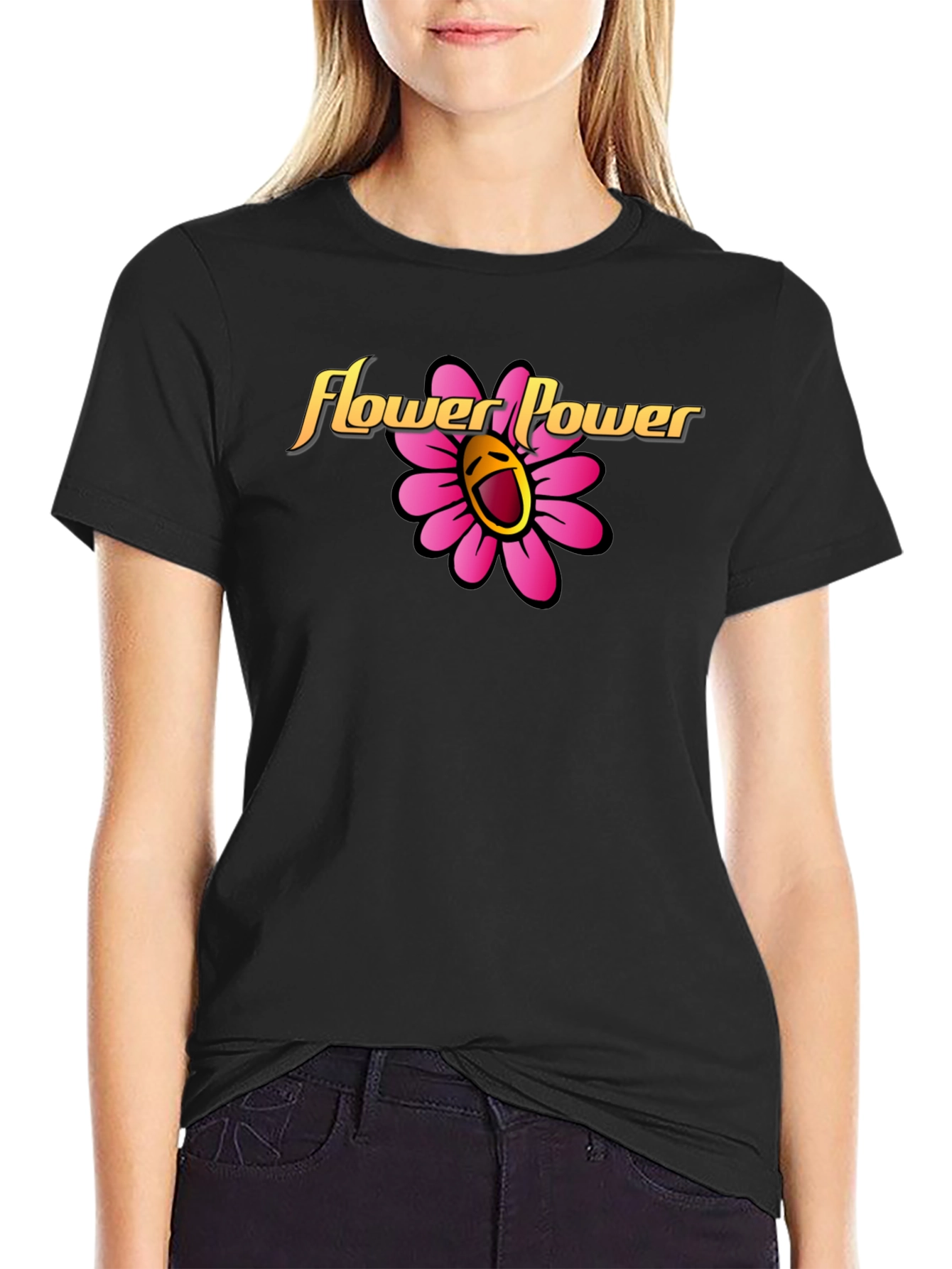 Black Flower Power Graphic Tee - Black Cotton Shirt view 2