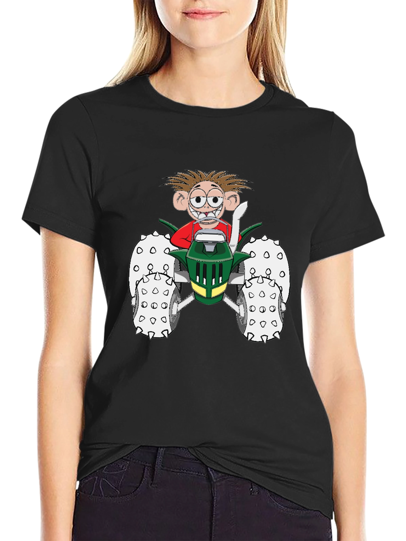 Cartoon Character on Tractor Black T-Shirt - 2