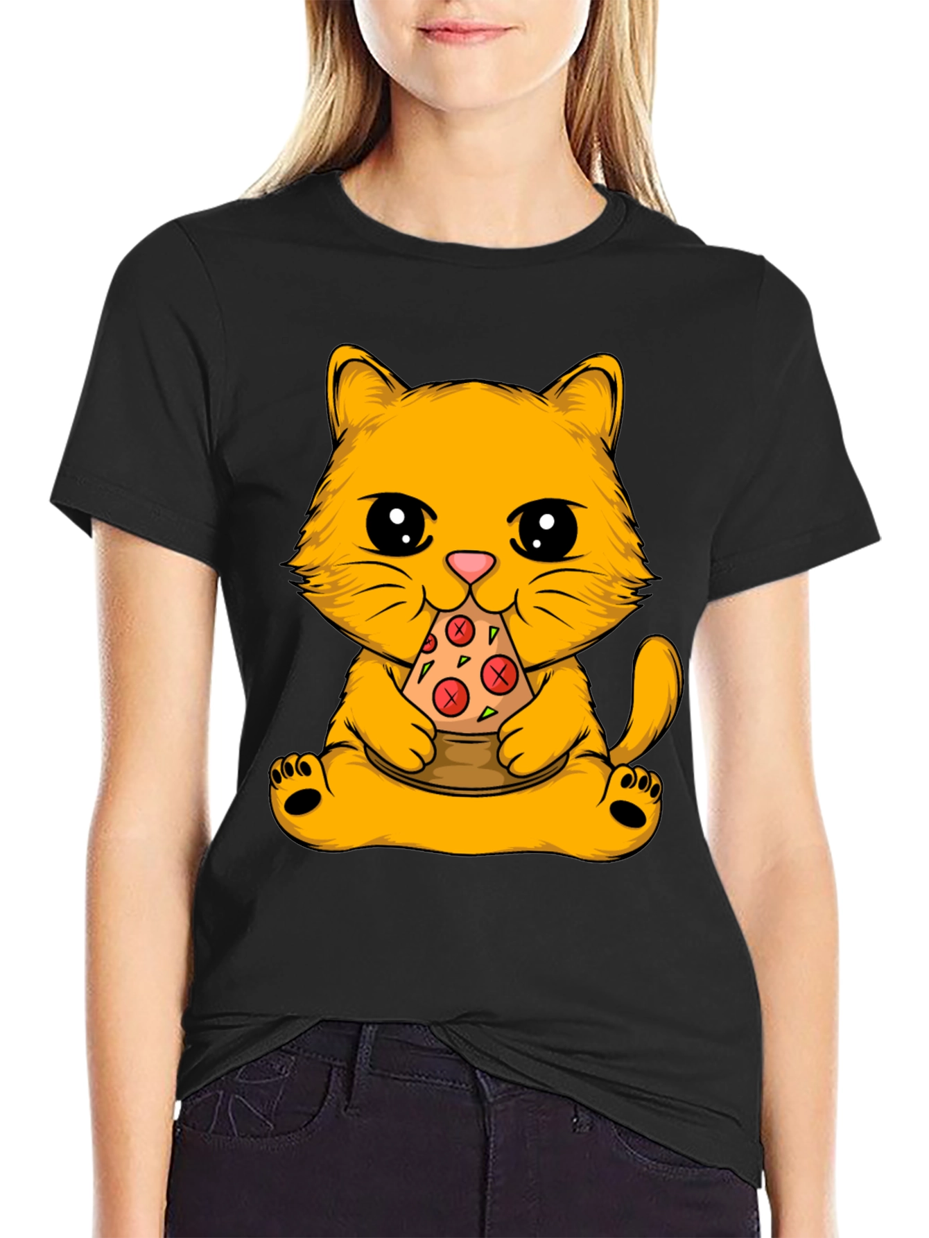 Black Cat Eating Pizza Graphic Tee view 2