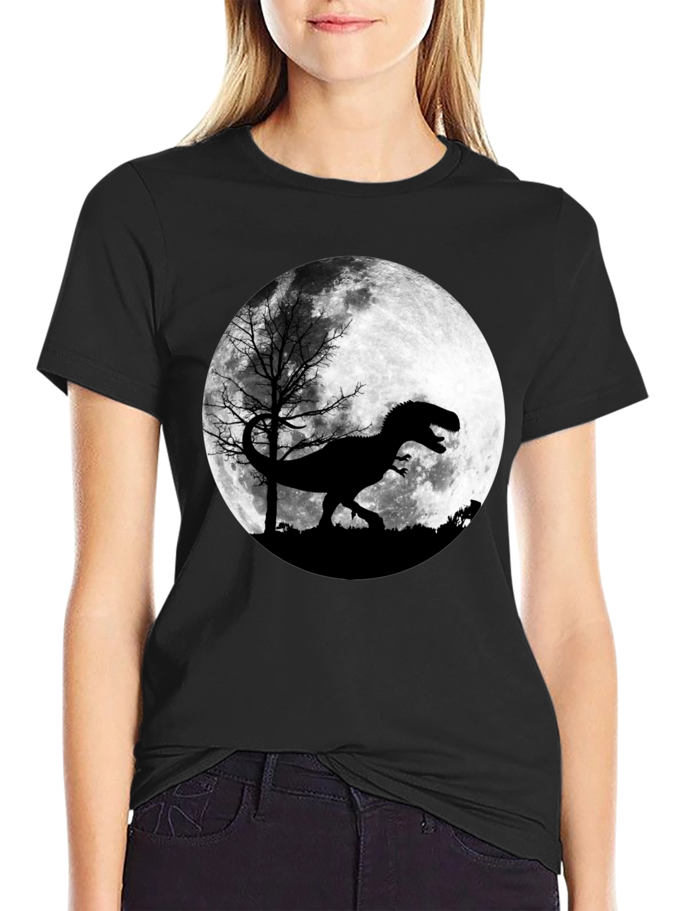 Black Dinosaur Moon Graphic T-Shirt view 2