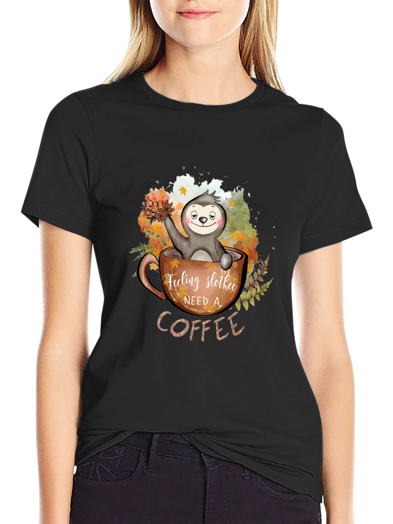 Black Feeling Slothee Need a Coffee Graphic T-Shirt view 2