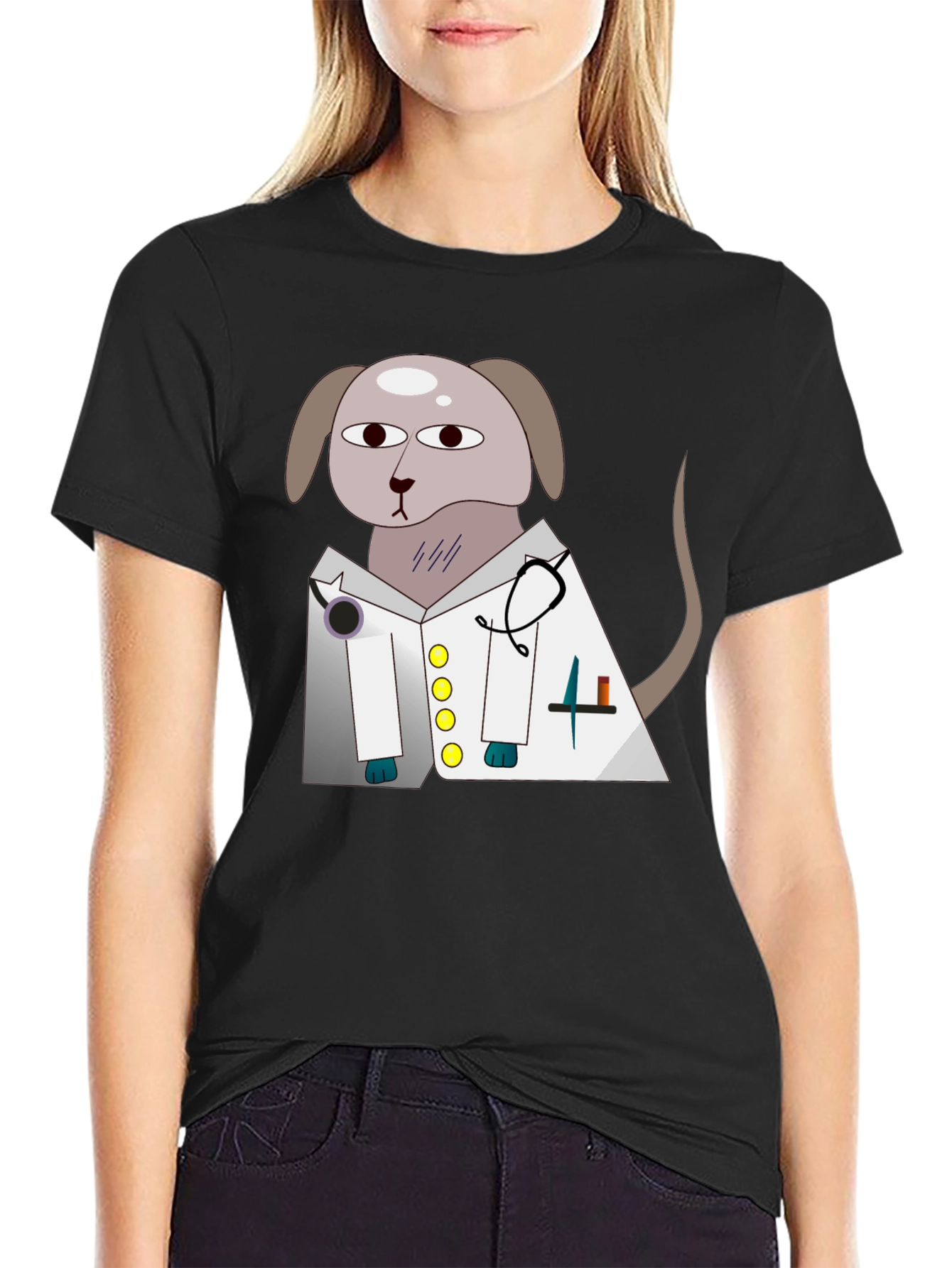 Black Vet Dog Cartoon Graphic T-Shirt - Black view 2