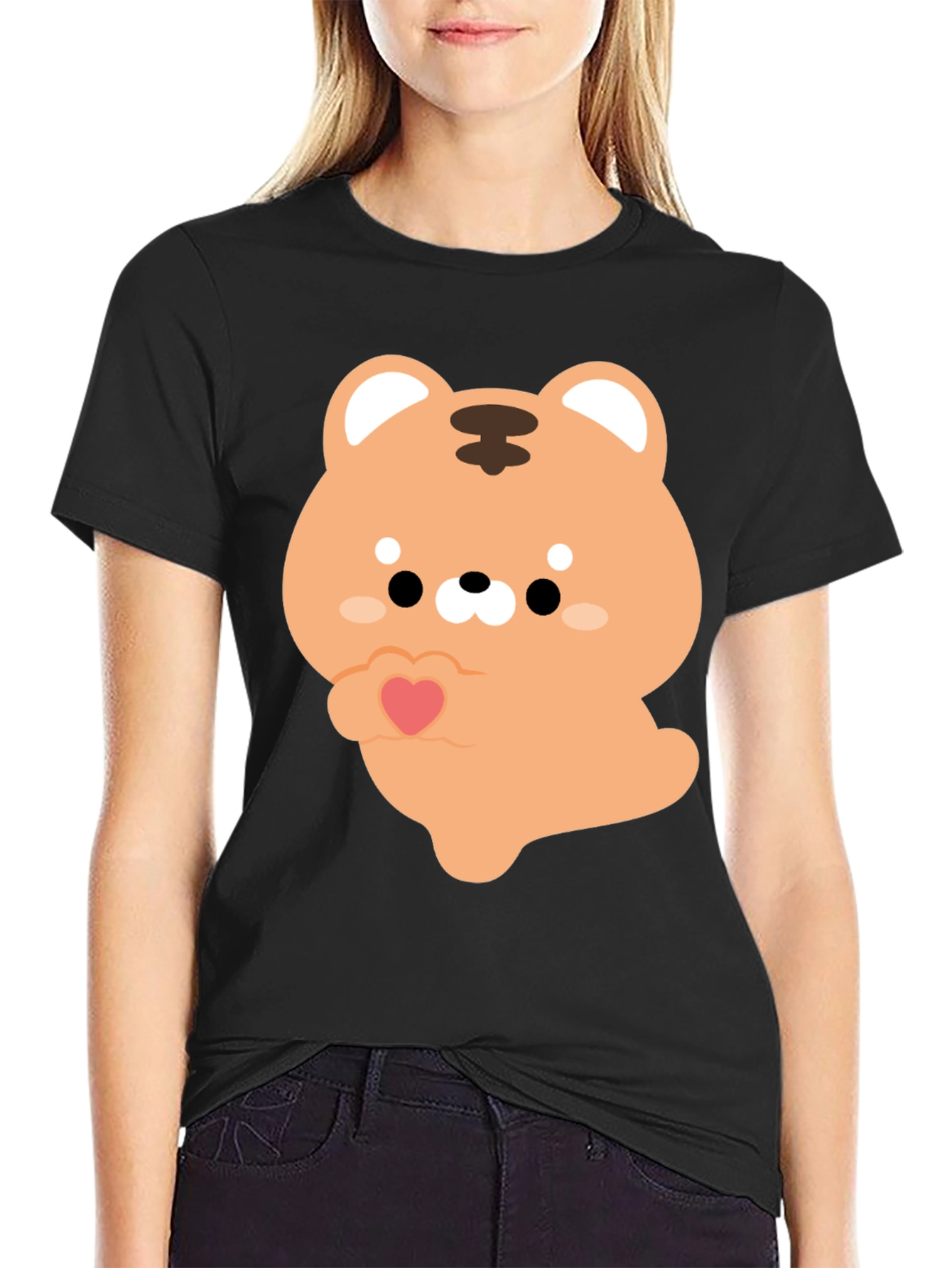 Black Cute Cartoon Tiger Holding Heart Graphic Tee view 2