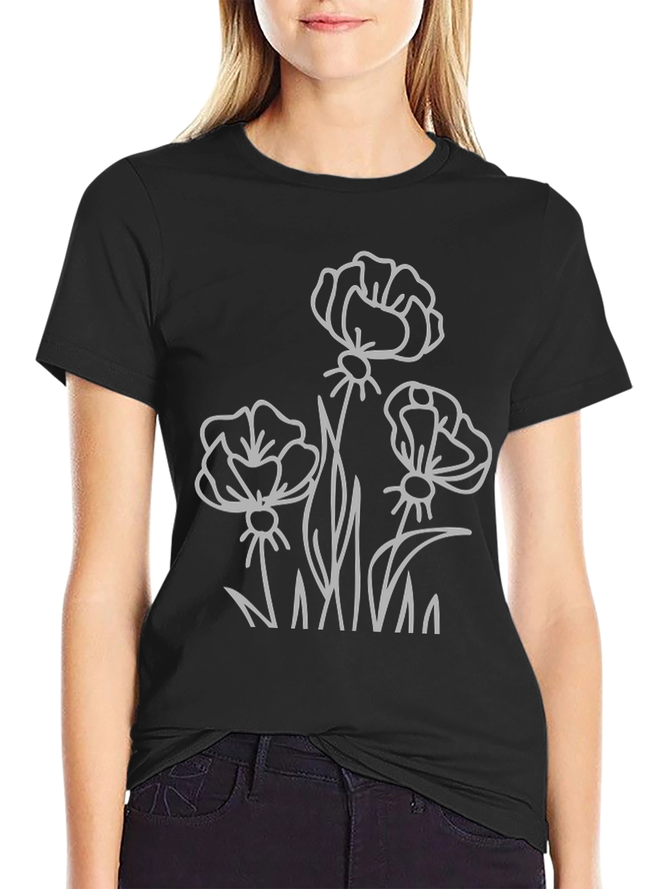 Black Floral Outline Graphic T-Shirt - Black view 2