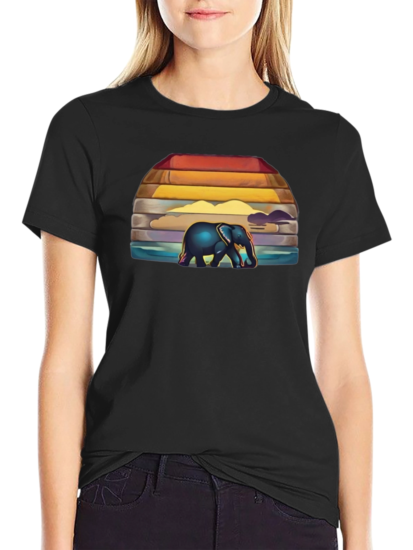 Black Elephant Sunset Graphic T-Shirt view 2