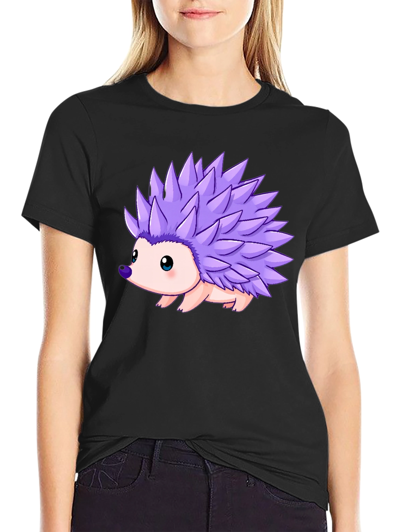 Black Cartoon Hedgehog Print T-Shirt view 2