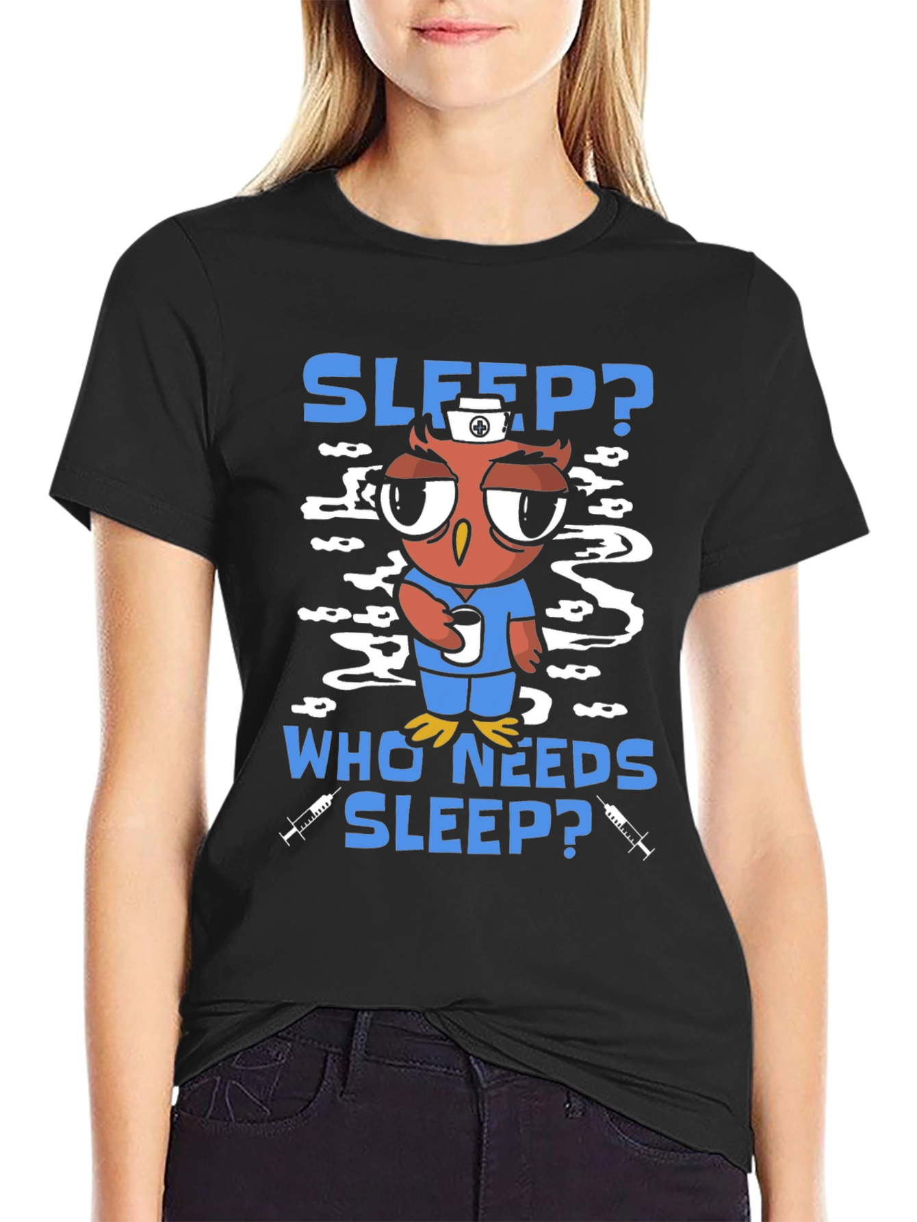 Black Sleep Deprived Owl Nurse T-Shirt view 2