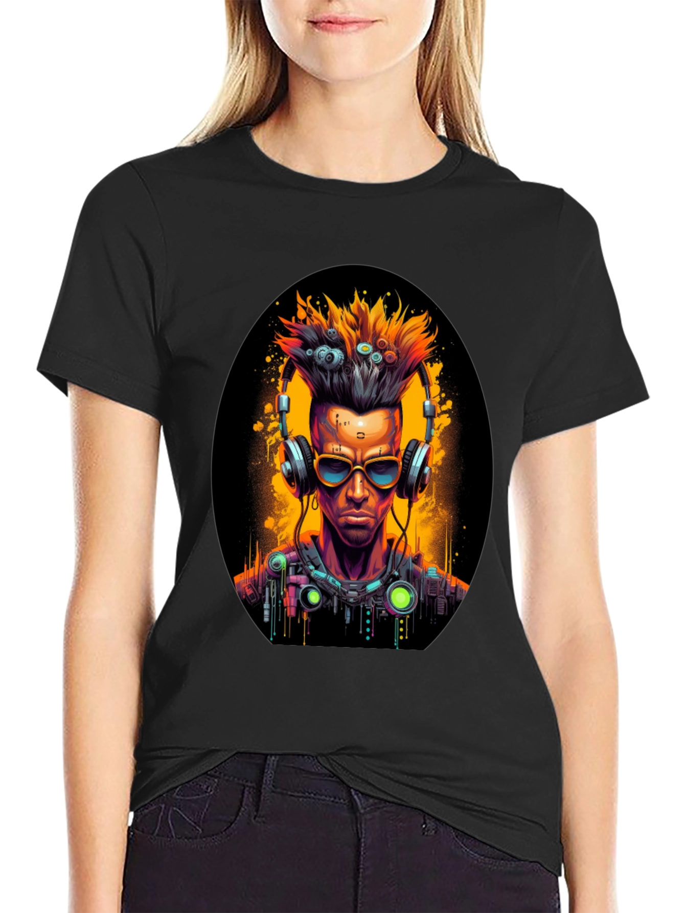 Black Cyberpunk Gamer T-Shirt: Futuristic Headphone Design view 2