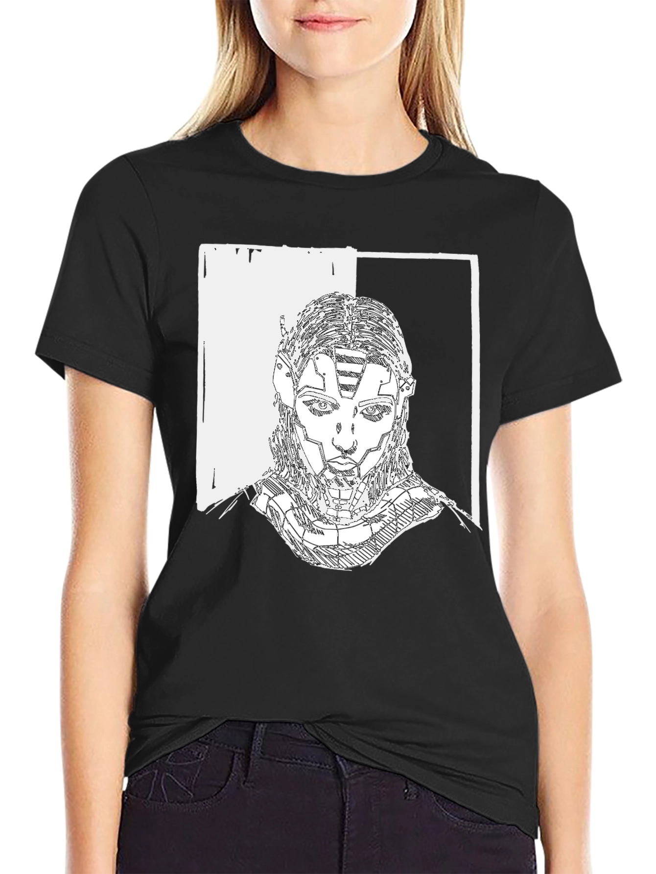 Black Cyberpunk Portrait Graphic Tee - Black Cotton T-Shirt view 2