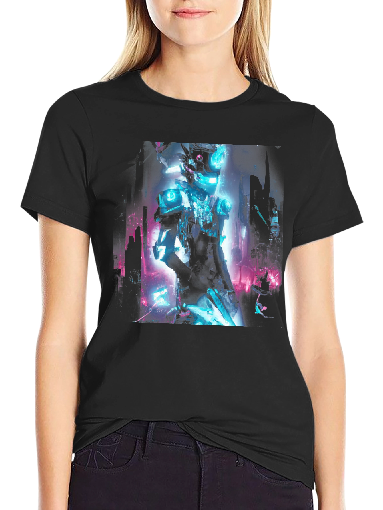 Black Cyberpunk Robot Graphic Black T-Shirt view 2
