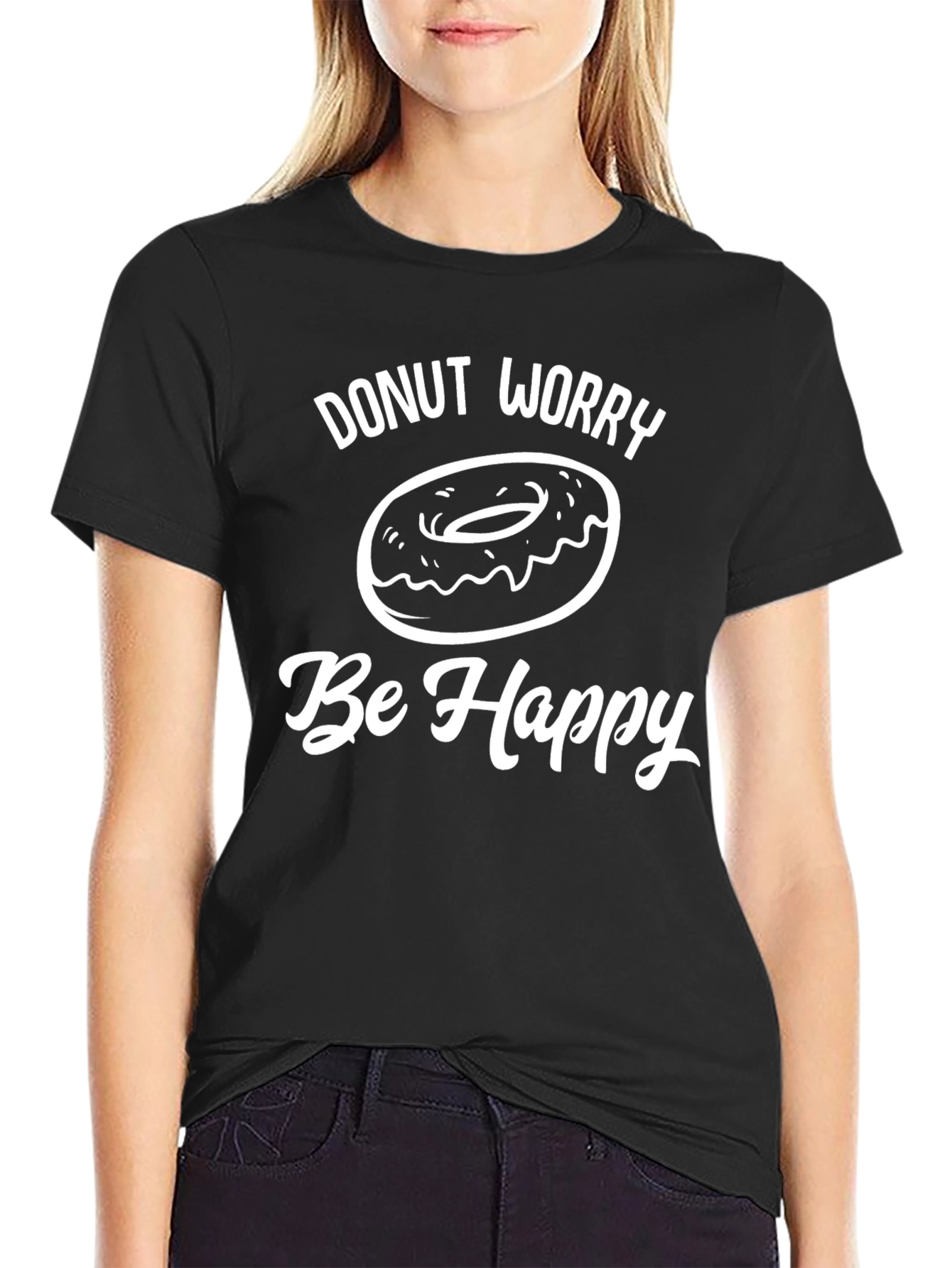 Black Donut Worry Be Happy Graphic Tee - Unisex view 2