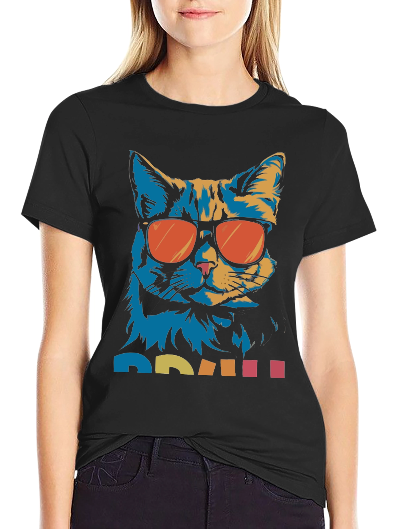 Black Cool Cat Graphic Tee - Retro Style view 2
