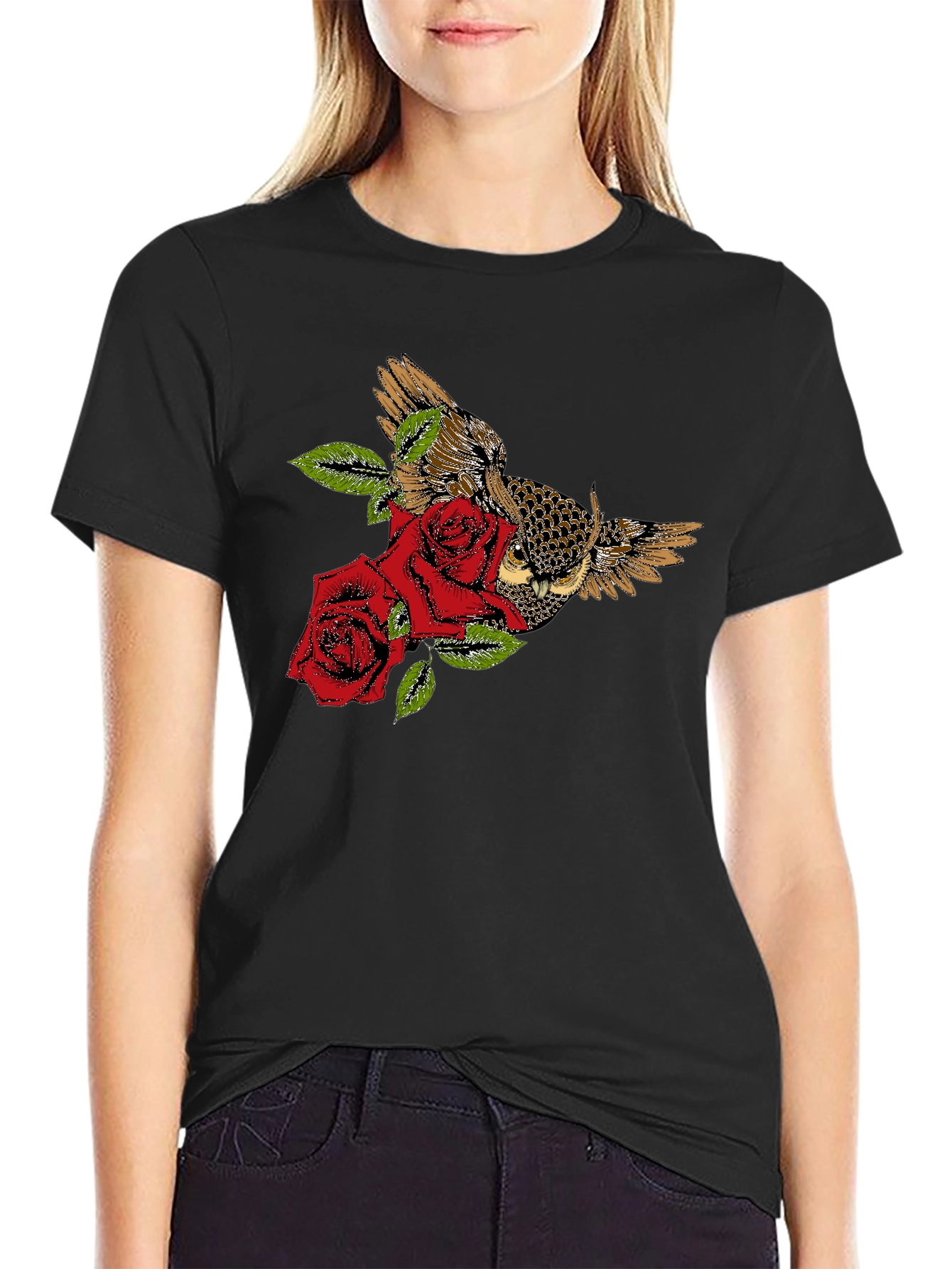 Black Owl and Roses Graphic T-Shirt - Black view 2