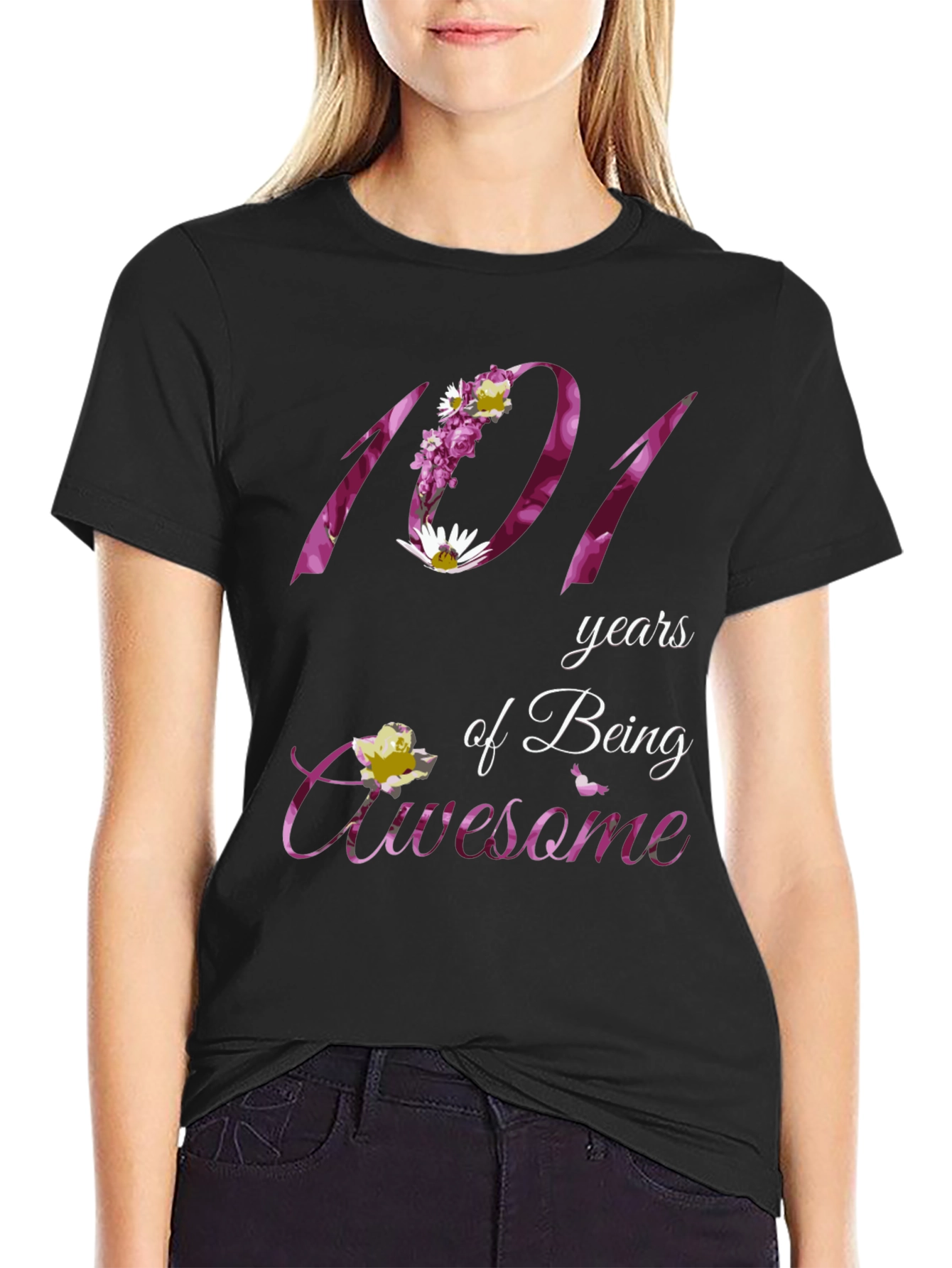 Black 101 Years Awesome Floral Print T-Shirt view 2