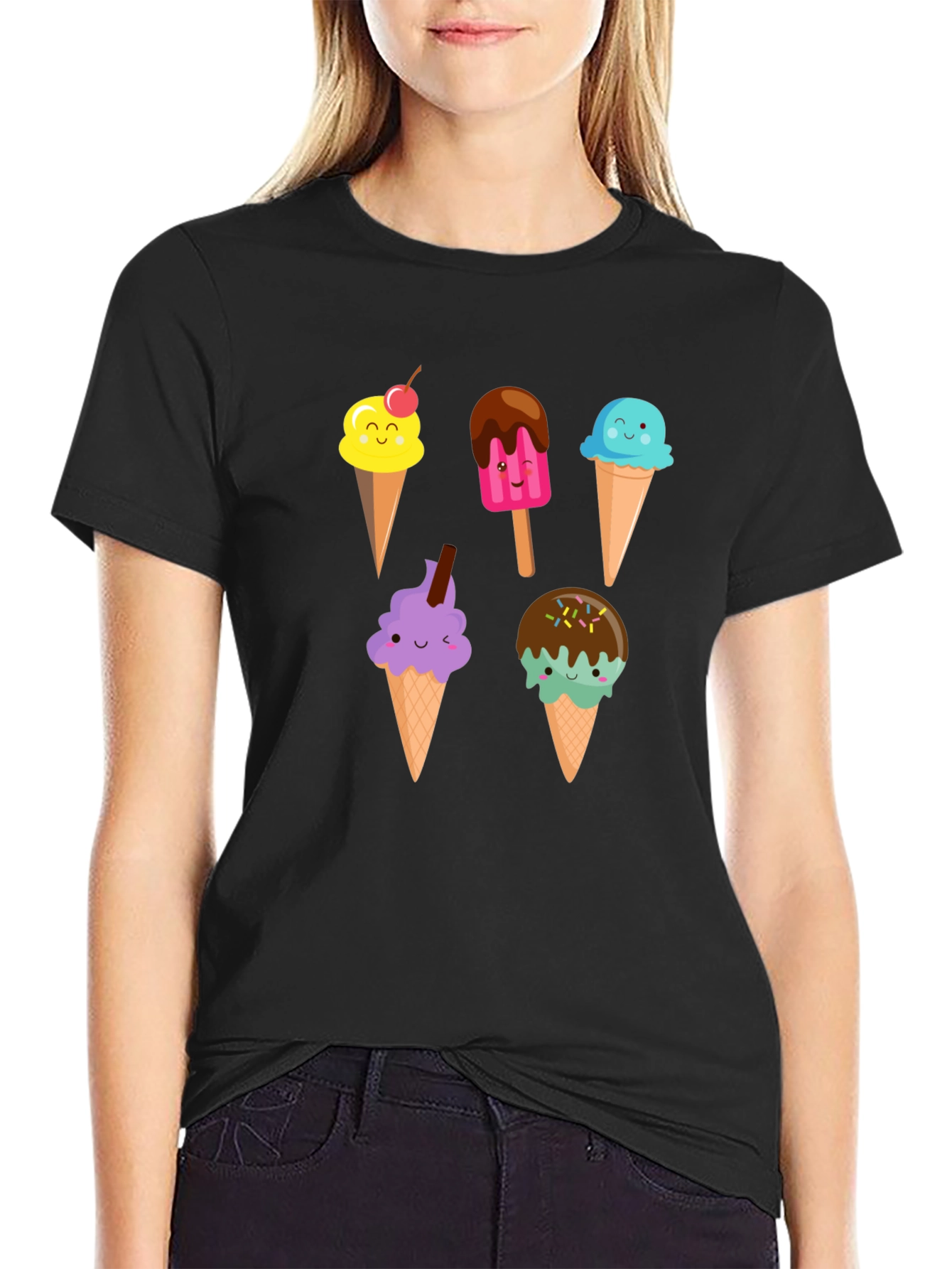 Black Cute Cartoon Ice Cream Graphic Black T-Shirt view 2