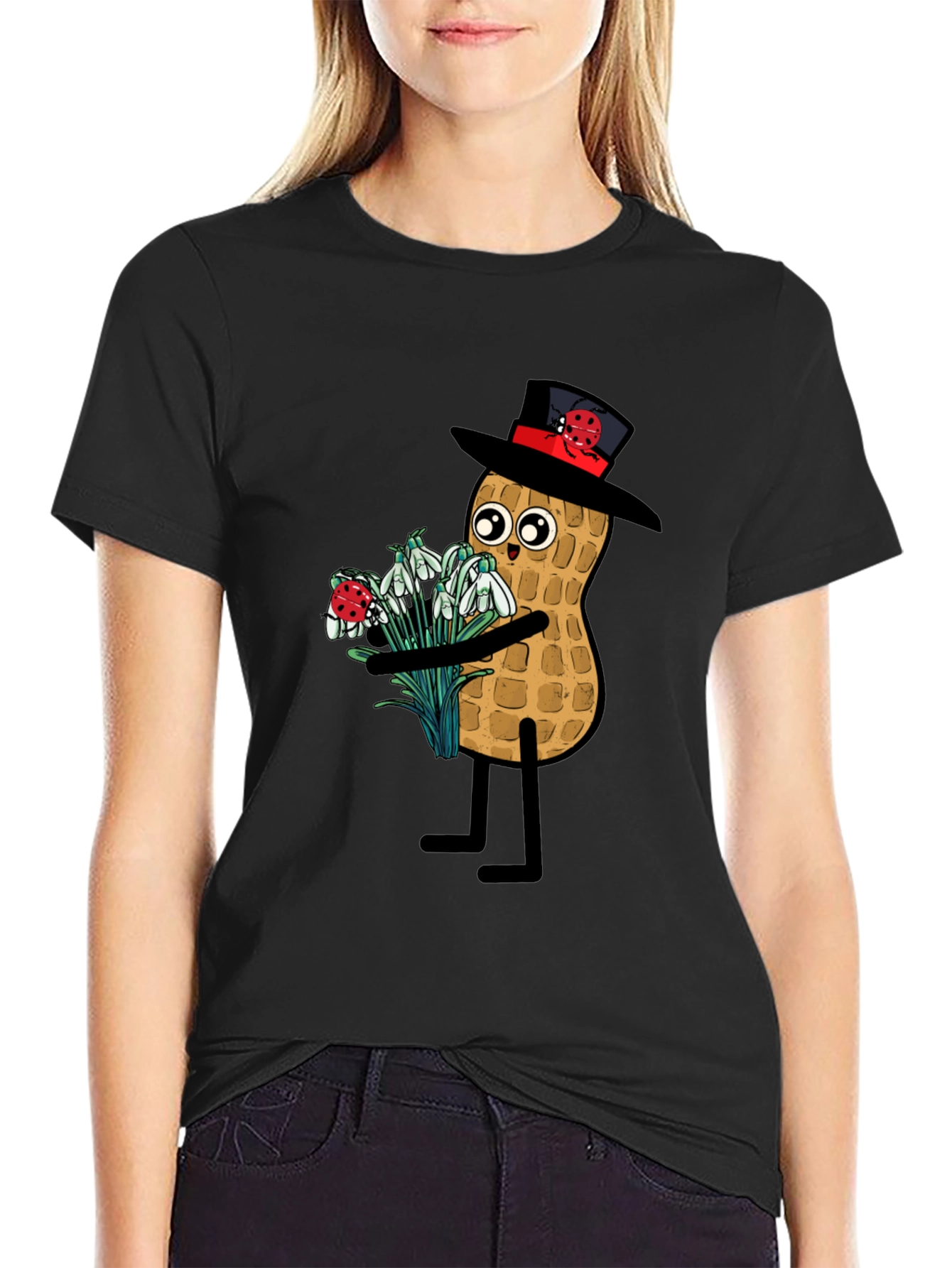 Black Funny Peanut with Flowers Graphic Tee view 2